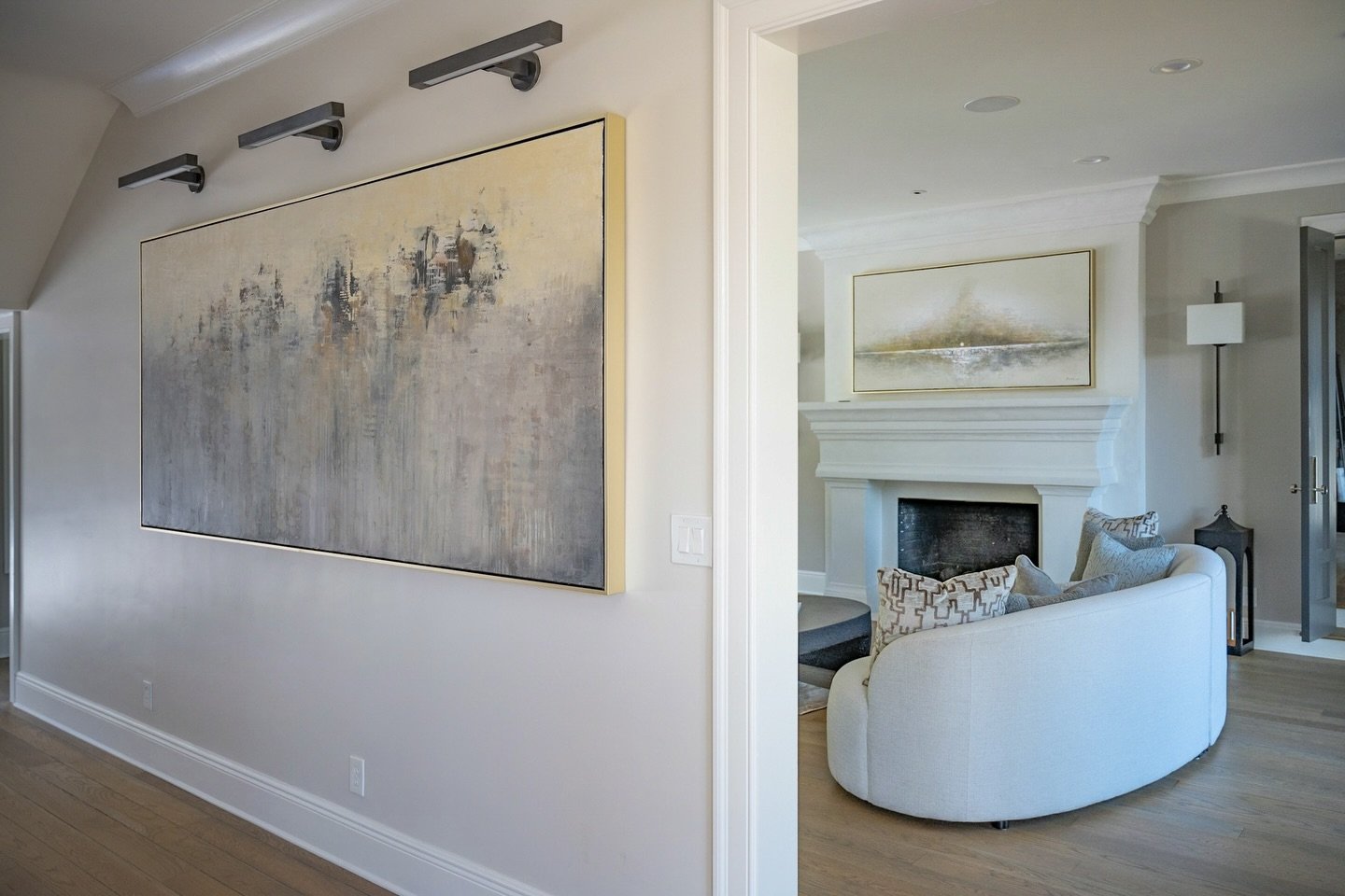 Love how they speak to each other. Commissioned 40 x 96&rdquo; sized to fit right under these lights and a commissioned 36 x 72&rdquo; Sunset hanging in the room behind.