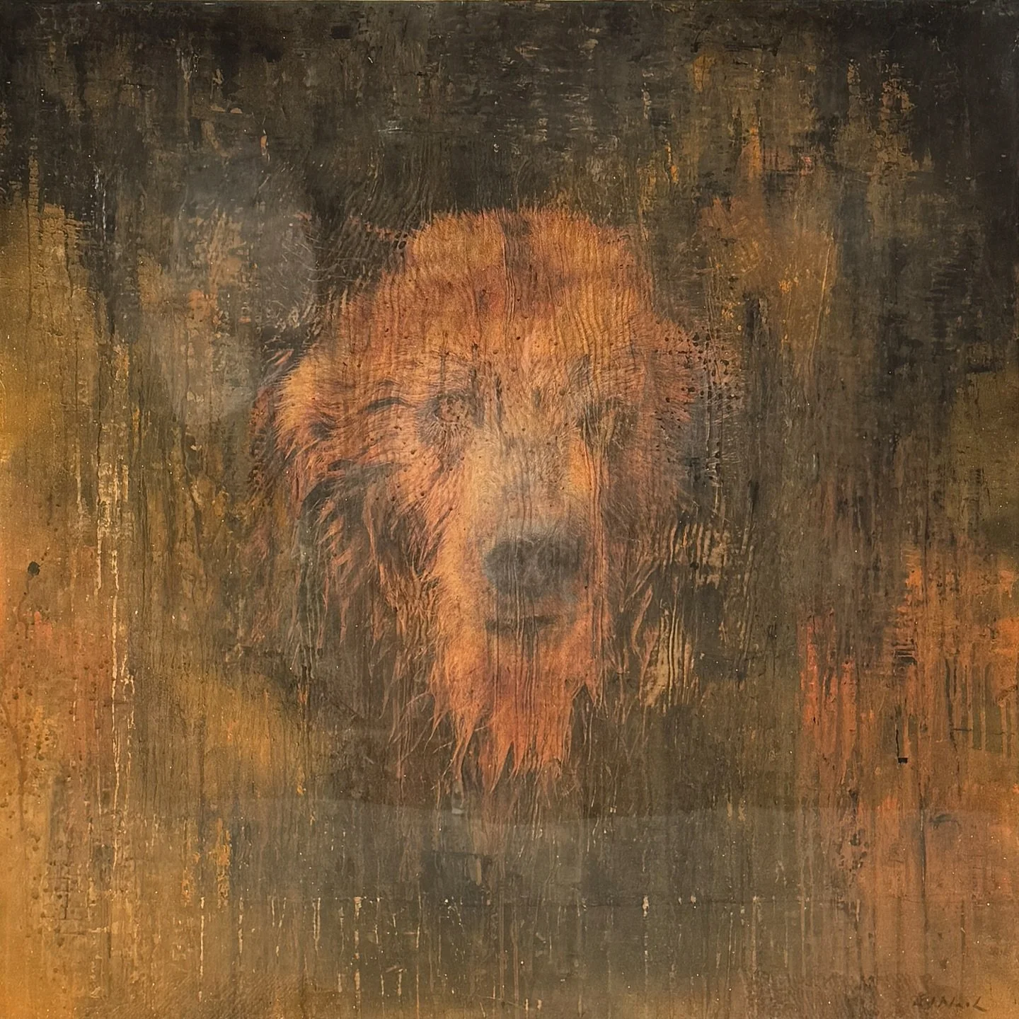 &lsquo;Bear Necessitates&rsquo; hiding in the shadows. 48 x 48&rdquo; Mixed Media on Panel with Epoxy finish 🐻 Love how the grain of the wood is part of the piece.  #mummabear #bear