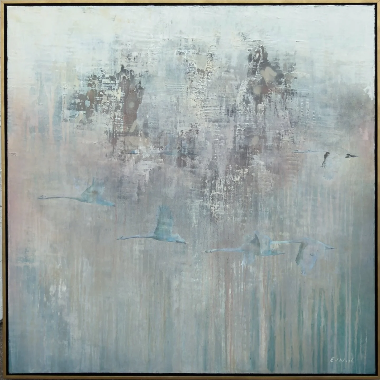 &lsquo;Flying in Formation&rsquo; - Swans &hellip;i think the collective name is a Wedge. 48 x 48&rdquo;