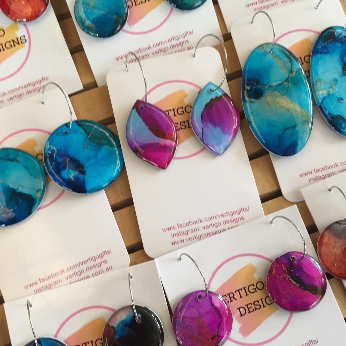 A big welcome to @vertigo.designs to our market. Jewellery Designer Karen has a bit of an earring addiction and loves creating fun and fashionable designs for others to wear. Her new range of handmade wearable art resin pieces are extremely lightweig