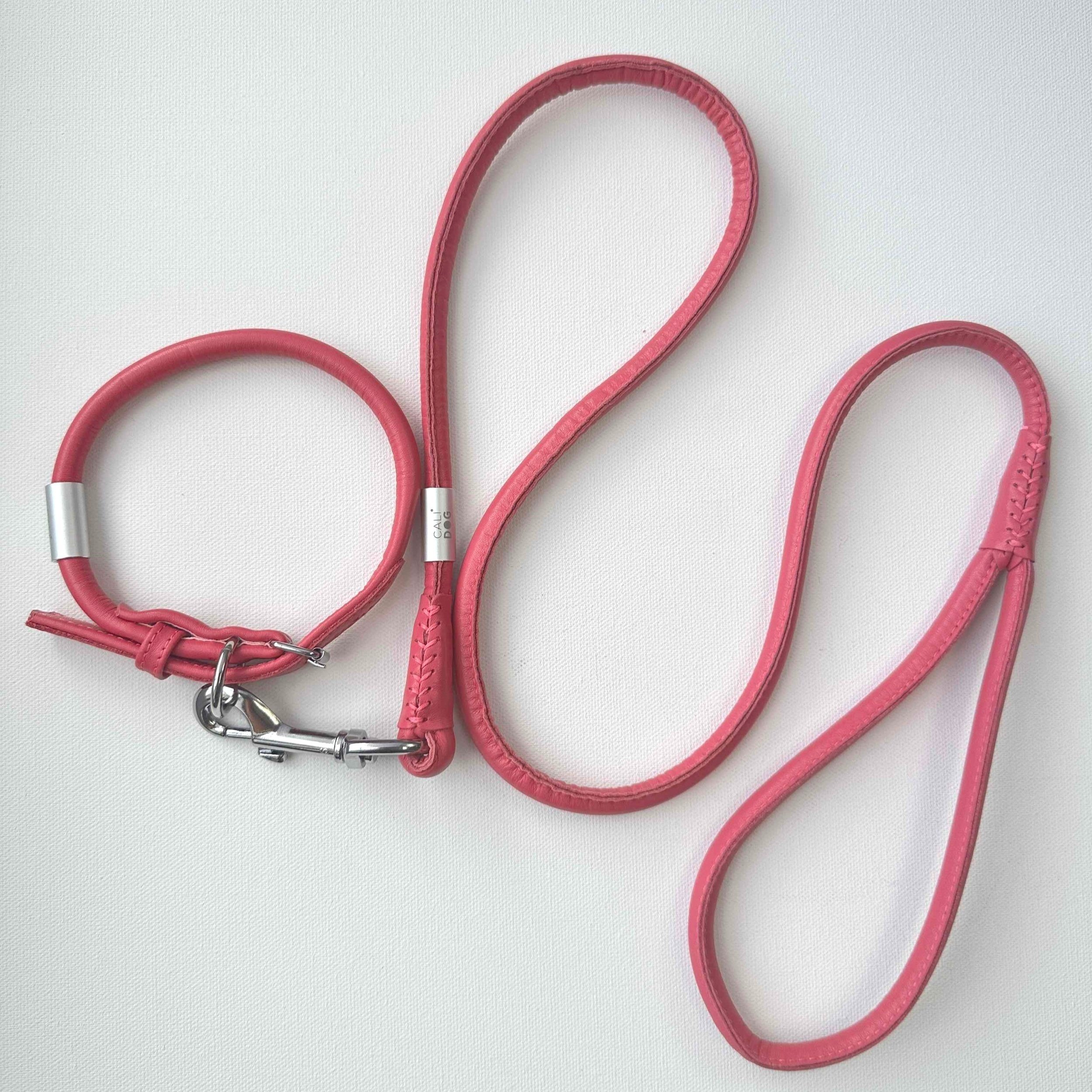 pink rolled leather dog collar and leash set by calidog