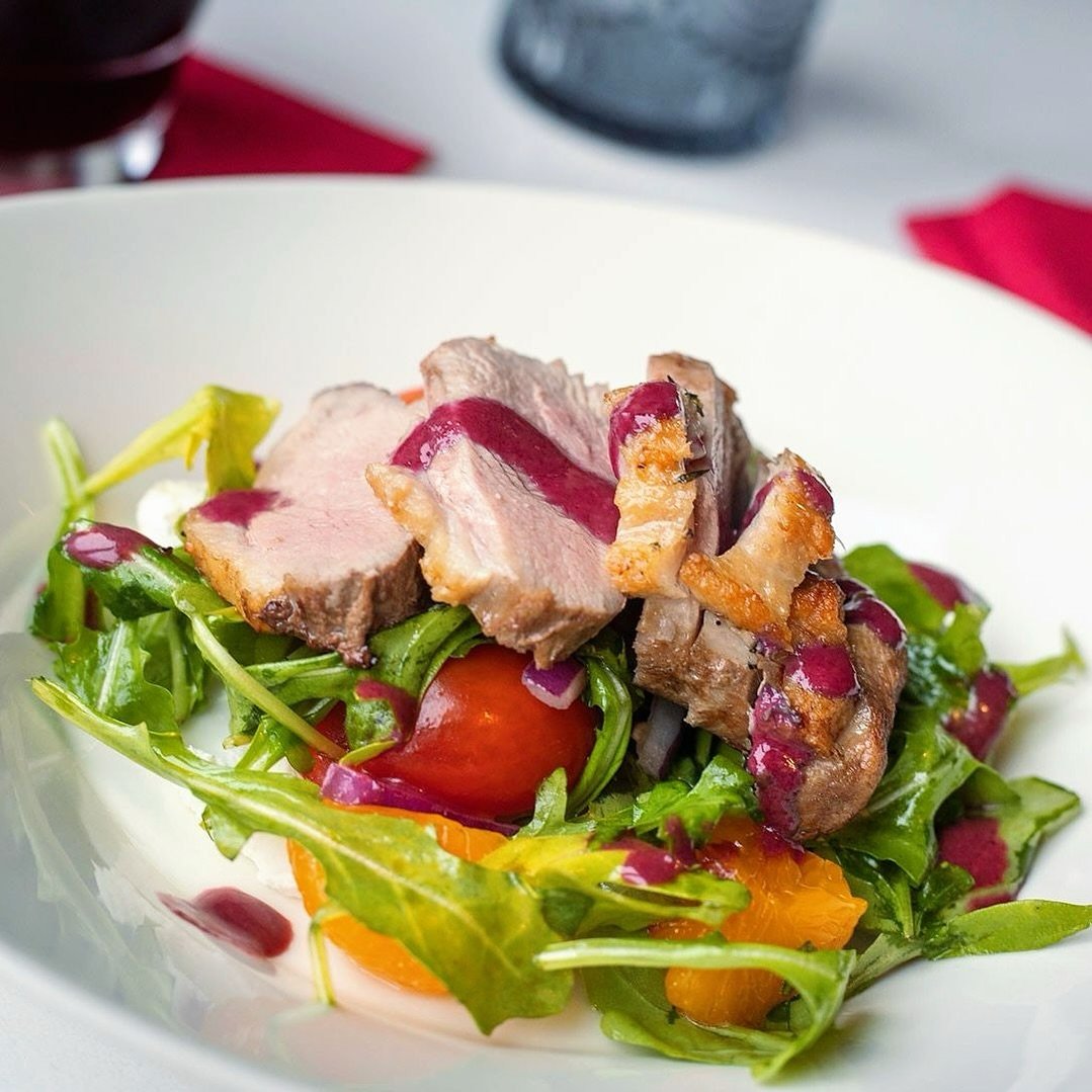 PAN SEARED DUCK BREAST⁠
dressed arugula, mandarin wedges, red onion, tomato, ricotta, blackberry ginger vinaigrette⁠
⁠
Worcester location only for a limited time!