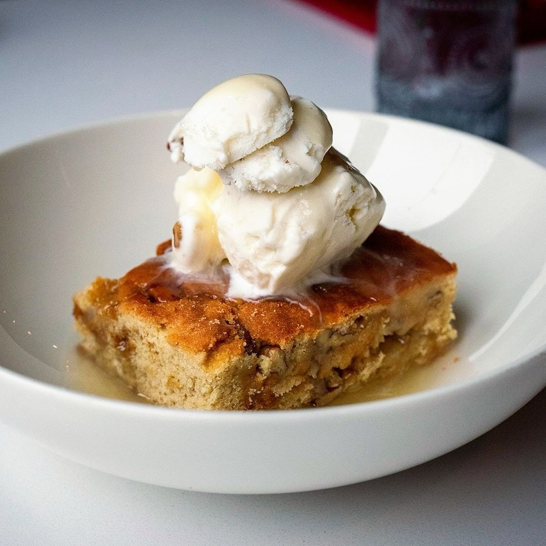 BUTTER BRITTLE BLONDIE⁠
butter brittle and pecan studded blondie square, butter pecan ice cream, vanilla-bourbon topping⁠
⁠
Tonight in Worcester!