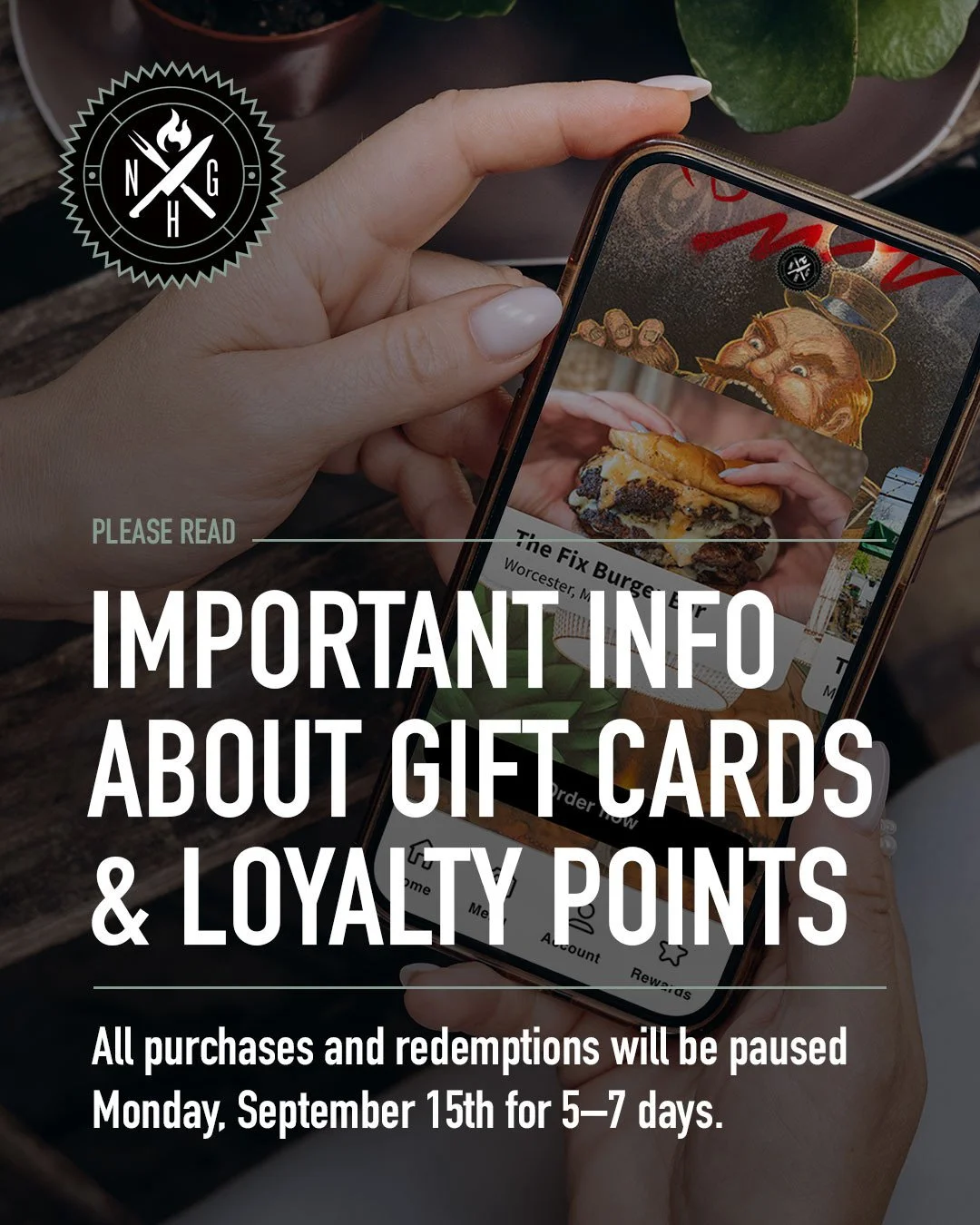 PLEASE NOTE: Niche Gift Cards and Loyalty Points will be temporarily paused on Monday, September 15th, 2025.⁠
⁠
WHY ARE THEY BEING PAUSED?⁠
⁠
Niche Hospitality Group's Mobile Ordering App, Loyalty Program, and Gift Cards will now be hosted on the Toa