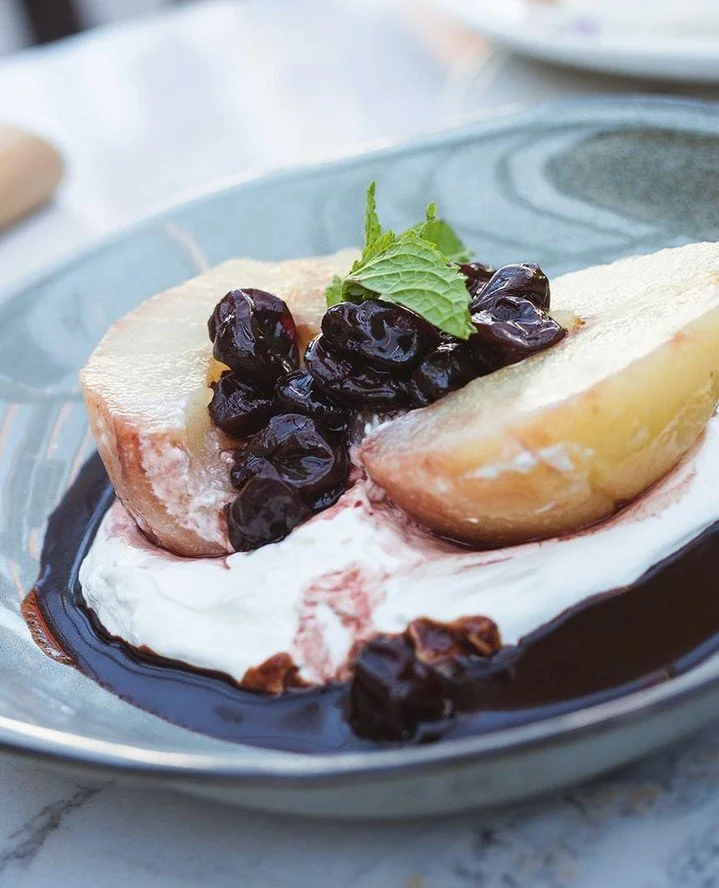 If you were at our wine dinner on Tuesday you already know how hard this one hits. Now available in Worcester and Wellesley for a limited time!⁠
⁠
POACHED PEAR⁠
chocolate fondu, port-soaked dried cherries, labneh
