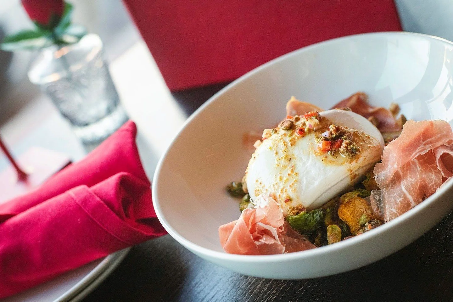 Burrata salad with warm roasted Brussels sprouts, serrano ham, and pistachio vinaigrette. Tonight in Worcester and Wellesley!