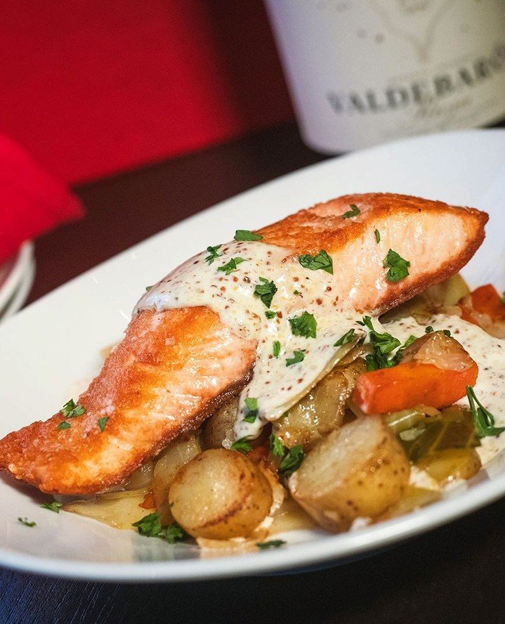 SEARED SALMON⁠
braised cabbage and carrots, fingerling potatoes, grain mustard caraway sauce⁠
⁠
Tonight in Worcester and Wellesley!