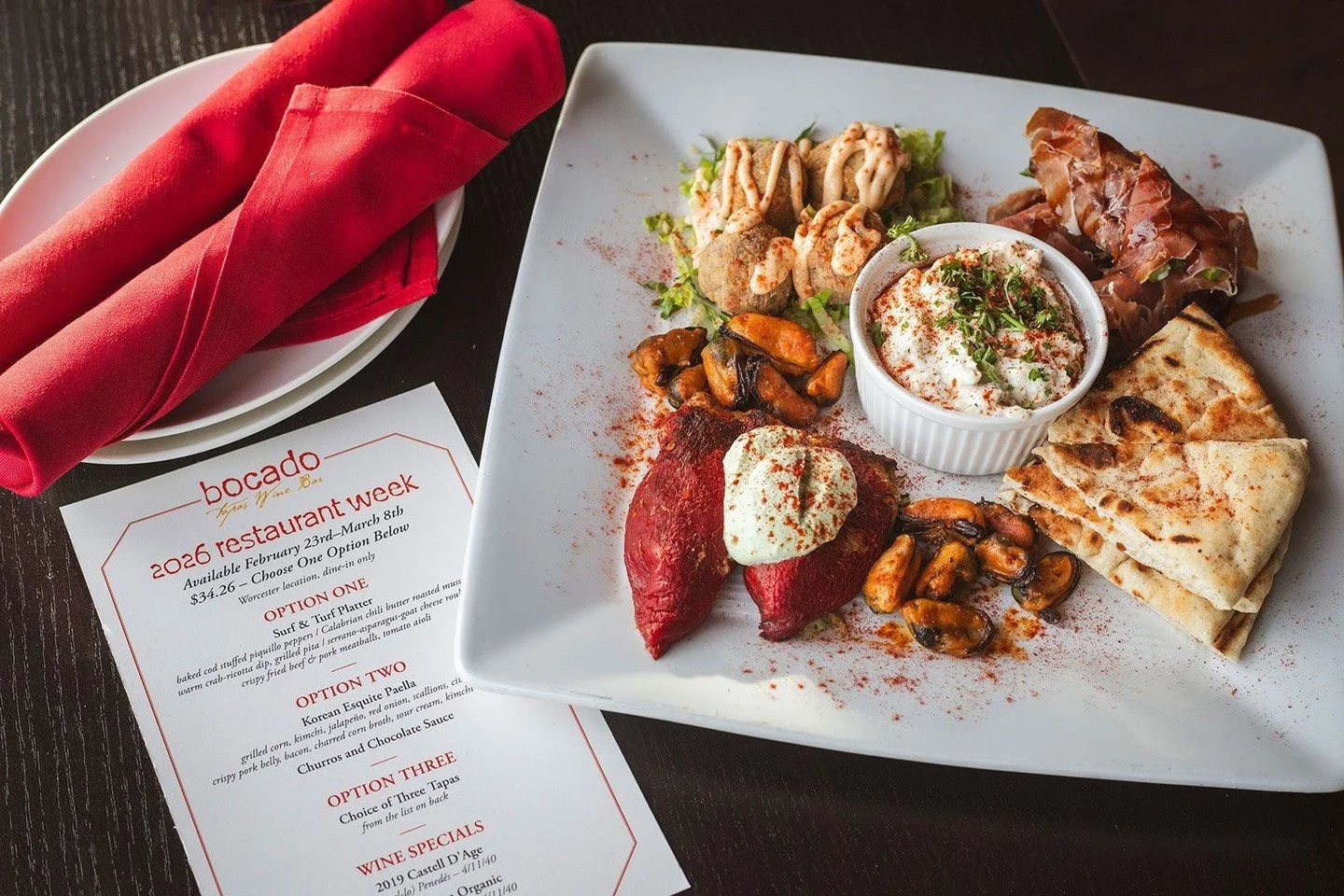 Worcester Restaurant Week is here and chef has prepared three tasty ways to enjoy the Bocado experience for only $34.26! Available now through March 8th (dine-in only):⁠
⁠
&ndash;&ndash;OPTION ONE⁠
⁠
Surf &amp; Turf Platter⁠
&bull; baked cod stuffed 
