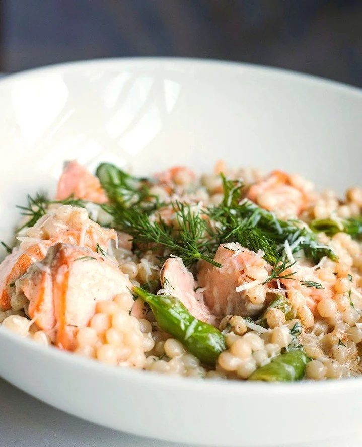 If you're the person who always orders the salmon... this one's calling your name.⁠
⁠
Spring Salmon &amp; Dill Saut&eacute; with pearl couscous, snap peas, lemon dill sauce, and grated pecorino. Available for a limited time in Worcester and Wellesley