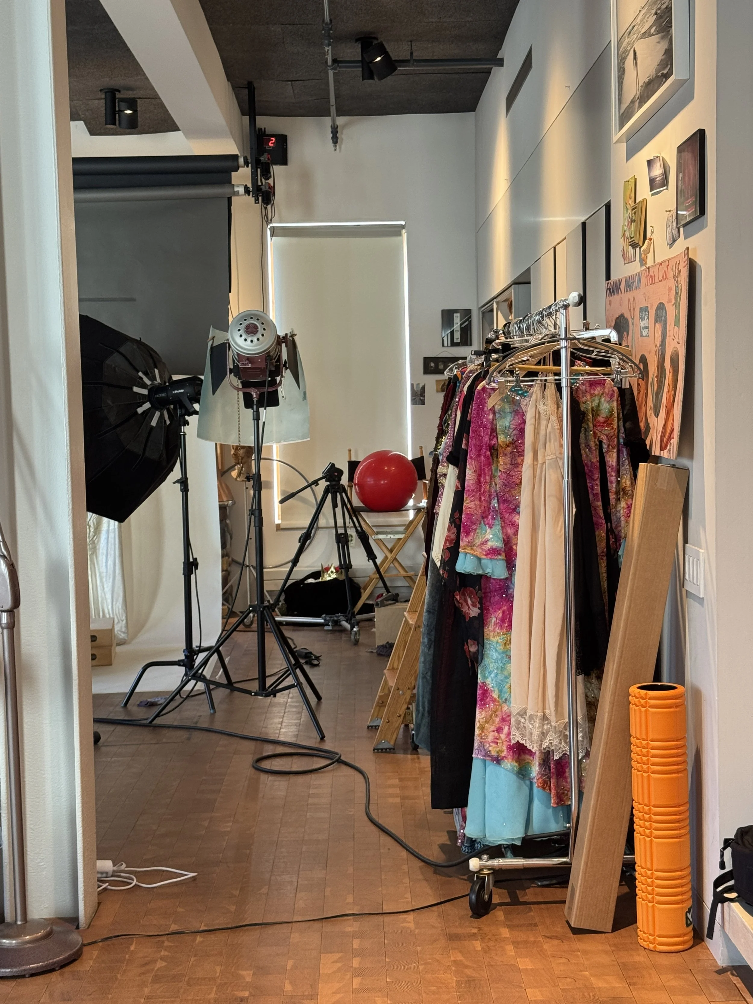 clothing and lights in Cindy Sherman's studio