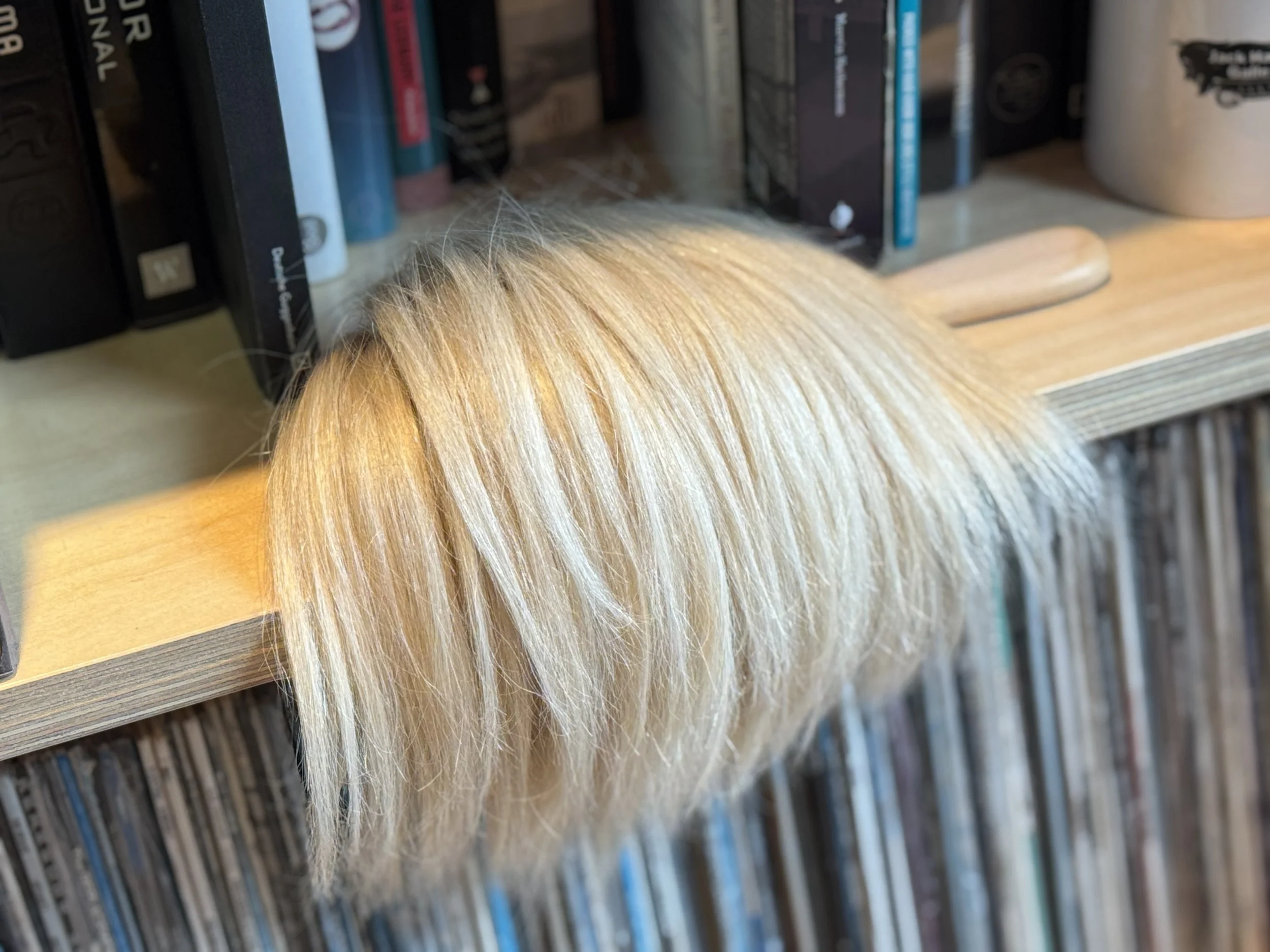 a wig on a bookshelf with books