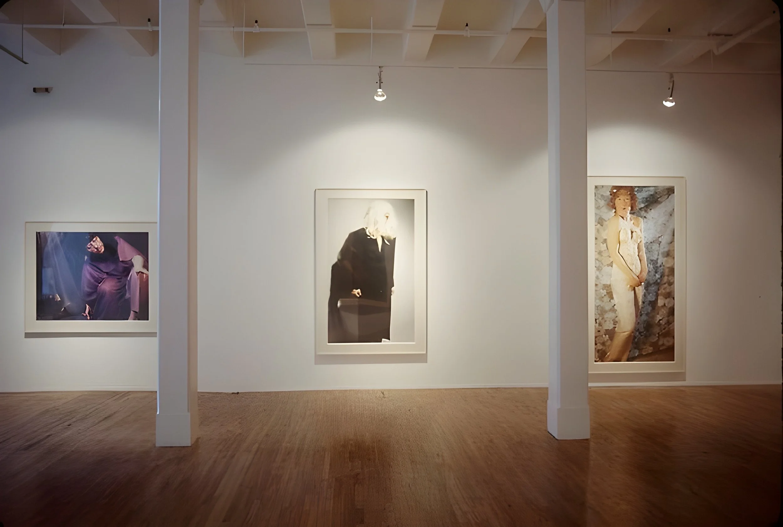 artwork on a white wall in a gallery with overhead lights