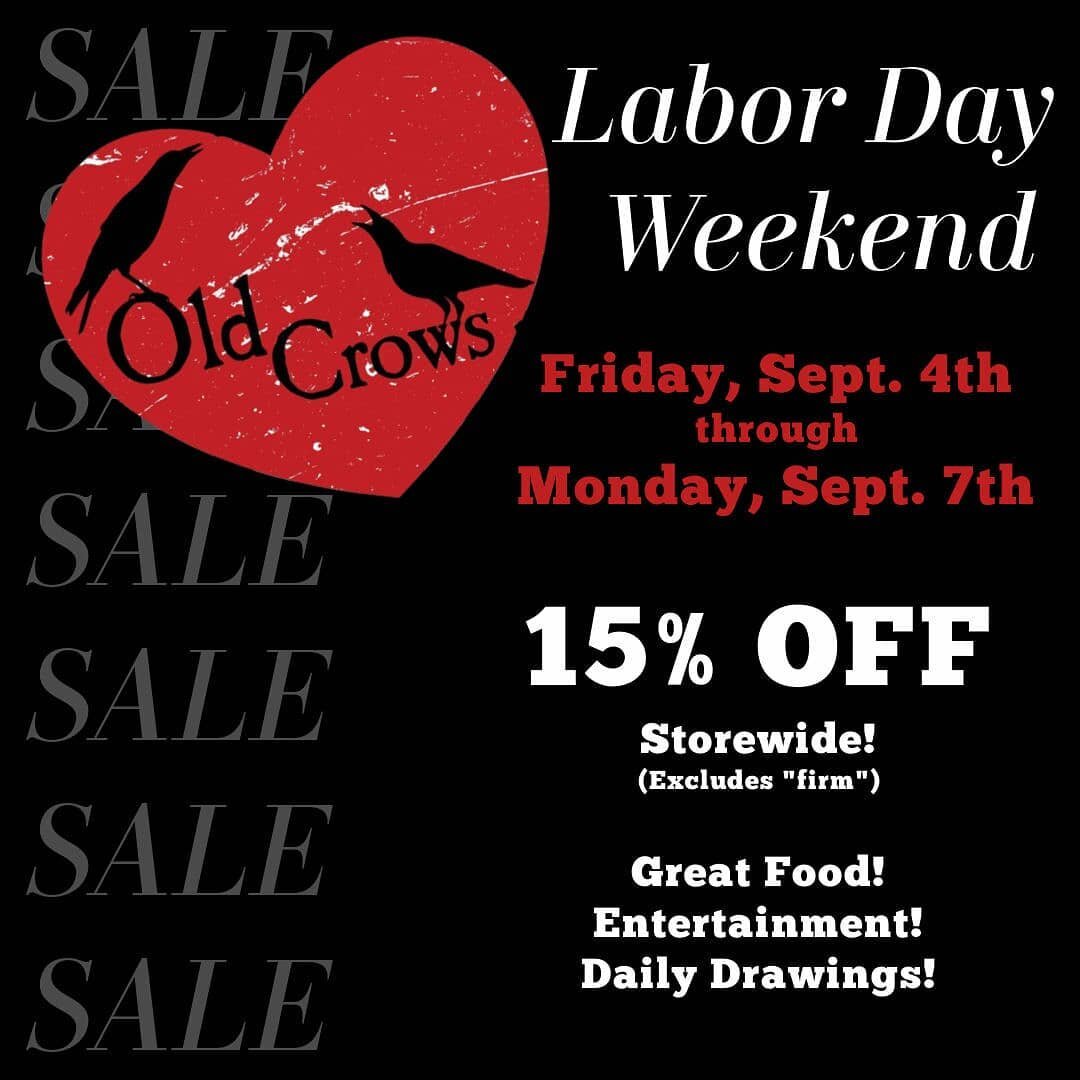 It's finally here ~ Old Crows first big Labor Day Weekend Sale! We're offering a 15% discount storewide (some vendors will have additional discounts!) plus daily giveaways and entertainment. Grab a float from the root beer bar while you're here, and 