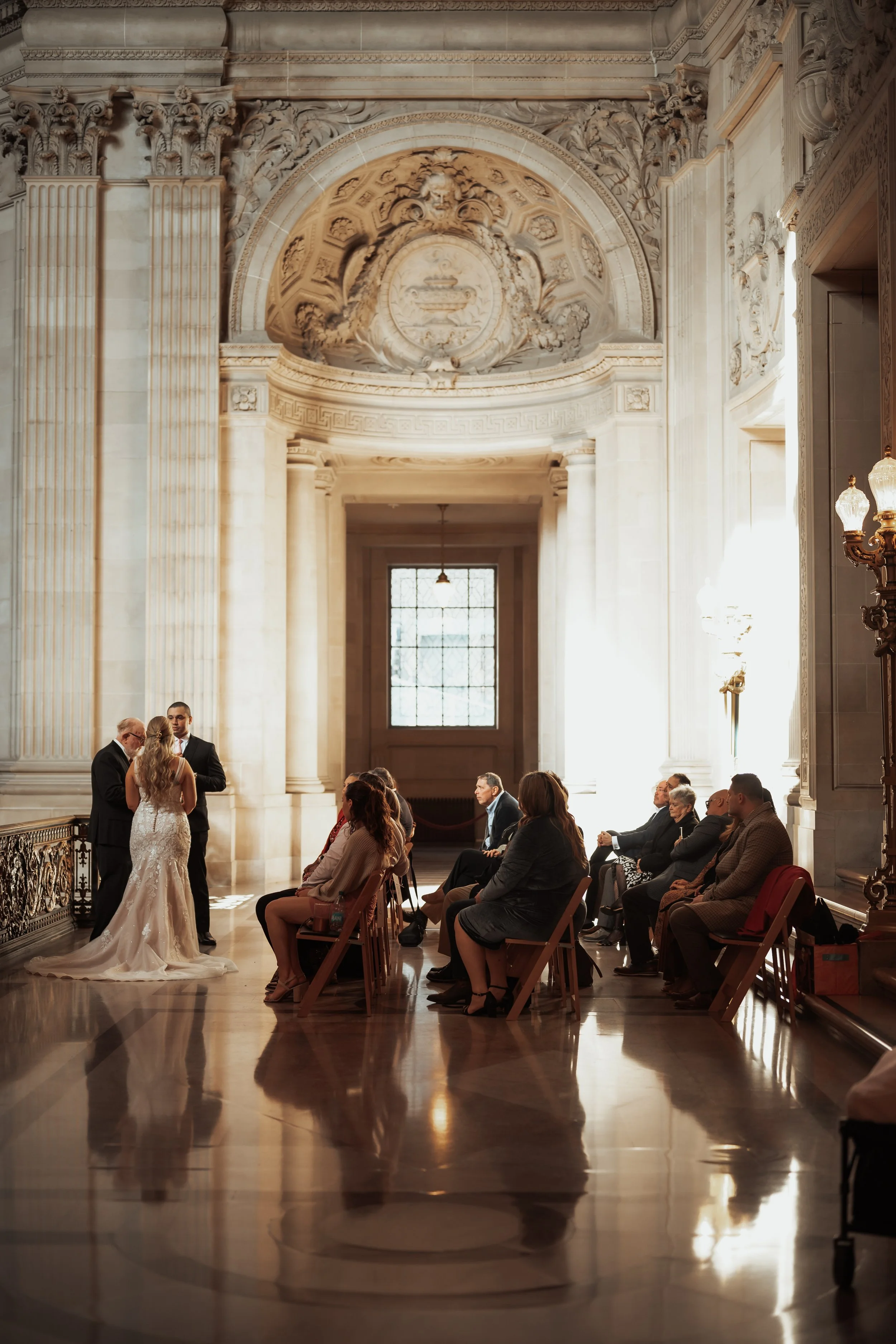 Romantic San Francisco City Hall wedding photo captured on the Mayor’s Balcony