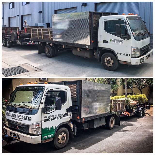 Refresher on the @kaneslegacy Fusio truck &amp; Trailer. Design by @prisonstreet Fabrication &amp; Installation by Mana Visual. Mahalo Kane&rsquo;s Legacy Tree Services! Support small local businesses ✨🌴🌲🌳🌴✨ #manavisualmaui #beforeandafter #3mfil