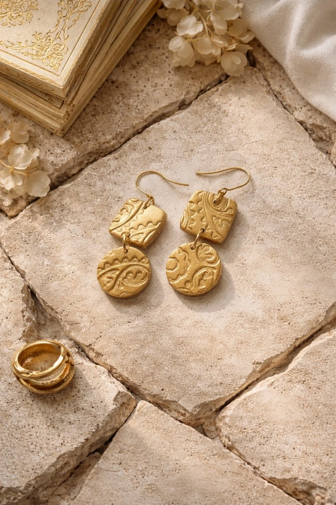 gold textured clay earrings geometric square circle dangle