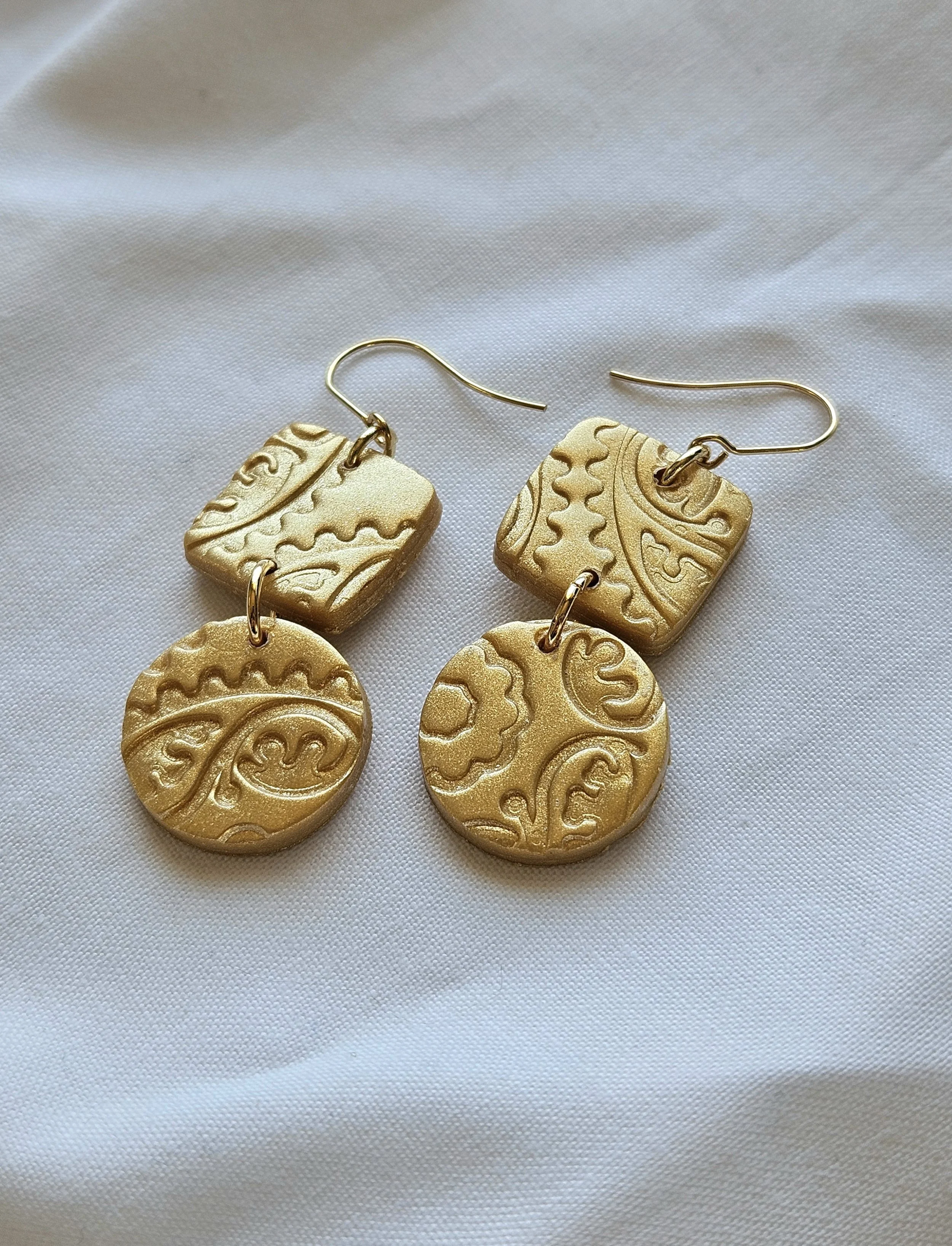 gold clay earrings square and circle design lightweight dangles