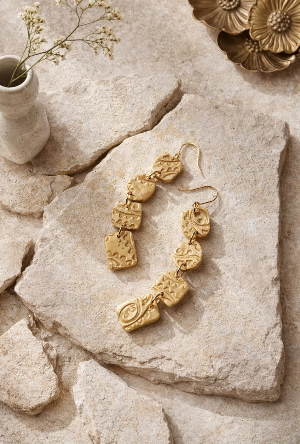 gold cascade clay earrings long textured dangle earrings