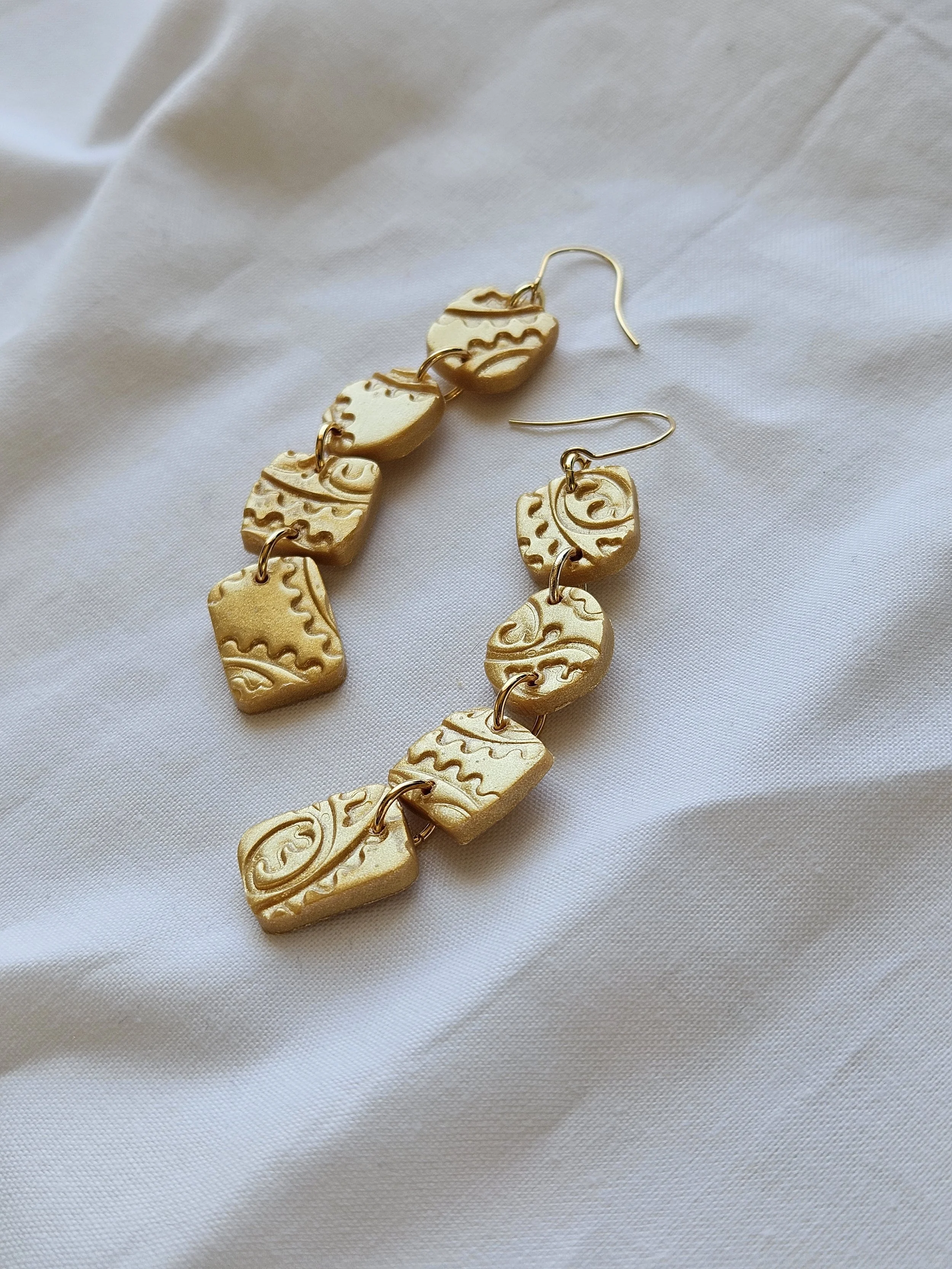 textured gold earrings long drop polymer clay earrings