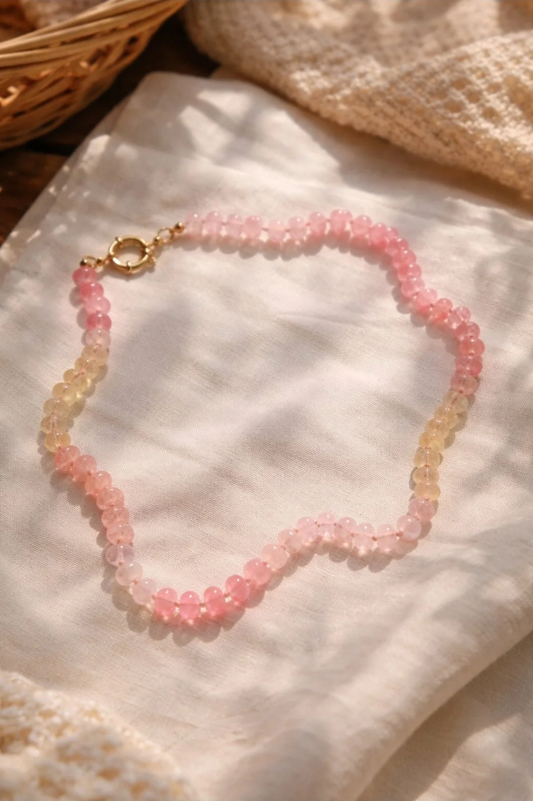 pink and yellow gemstone bead necklace gold clasp 17.5 inch