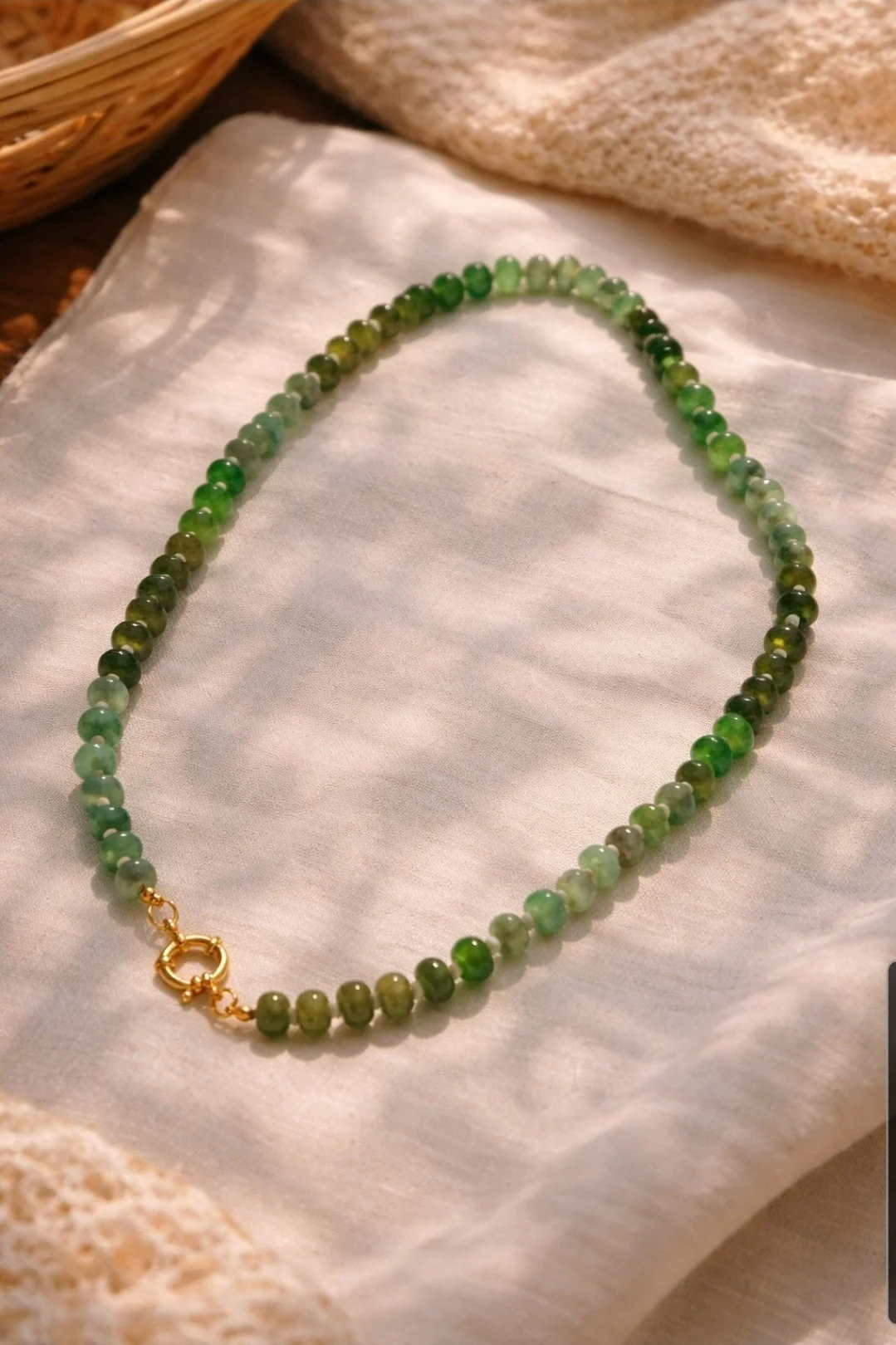 jade bead necklace forest green natural stone gold jewelry