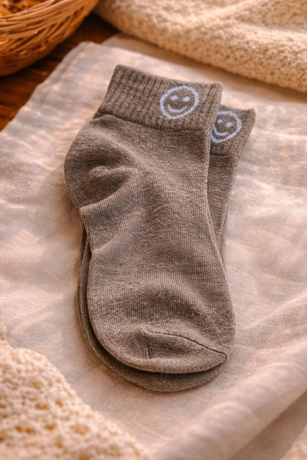 neutral smiley face socks taupe ankle socks everyday wear