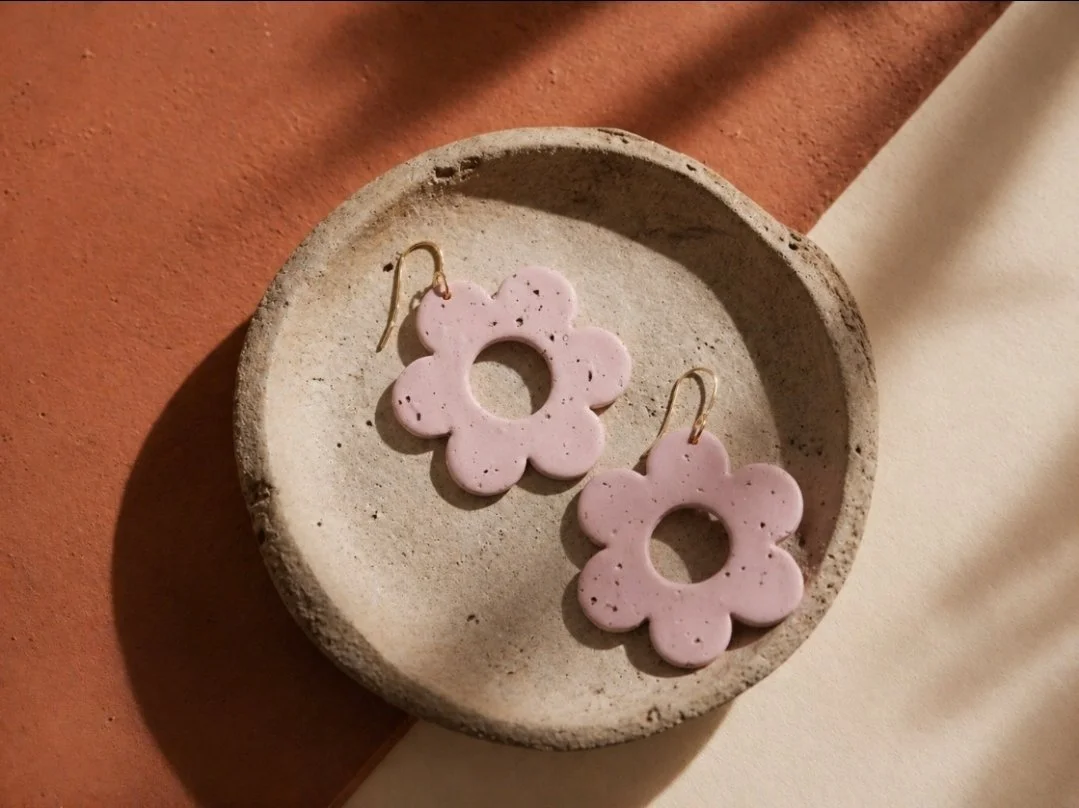 Large pink speckled daisy polymer clay earrings on gold-filled hook, 2 inches, handmade by Akay Collective