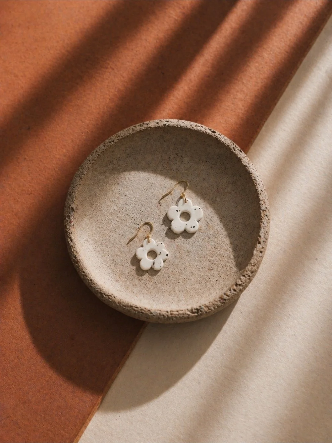 Small white speckled daisy polymer clay earrings on gold-filled hook, 1 inch, handmade by Akay Collective