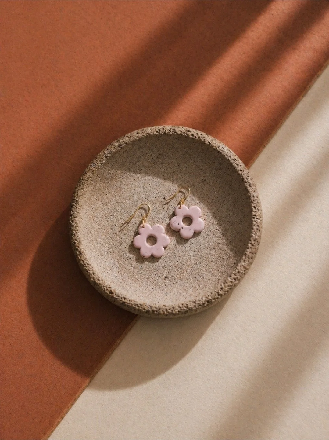 Small pink speckled daisy polymer clay earrings on gold-filled hook, 1 inch, handmade by Akay Collective