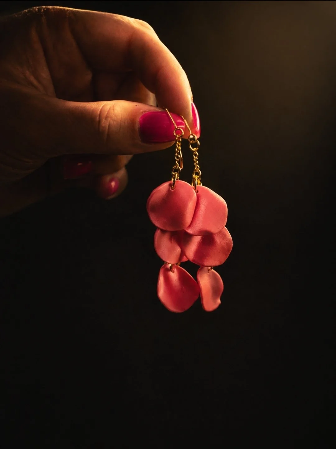 Layered pink flower petal polymer clay earrings on gold-filled hook, handmade by Akay Collective, front view
