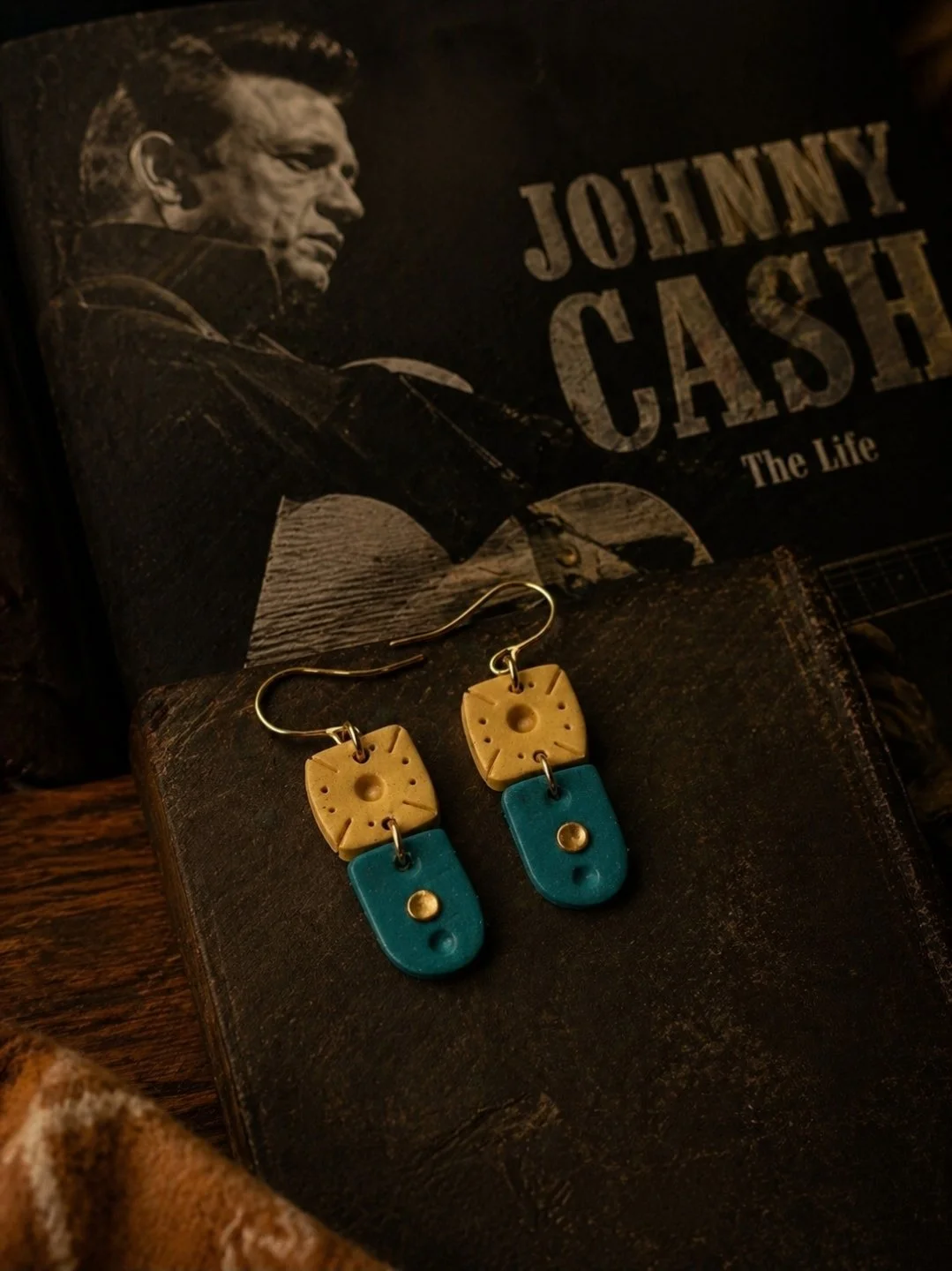 Teal and gold handmade polymer clay earrings on gold-filled hook post, lightweight dangle style, by Akay Collective