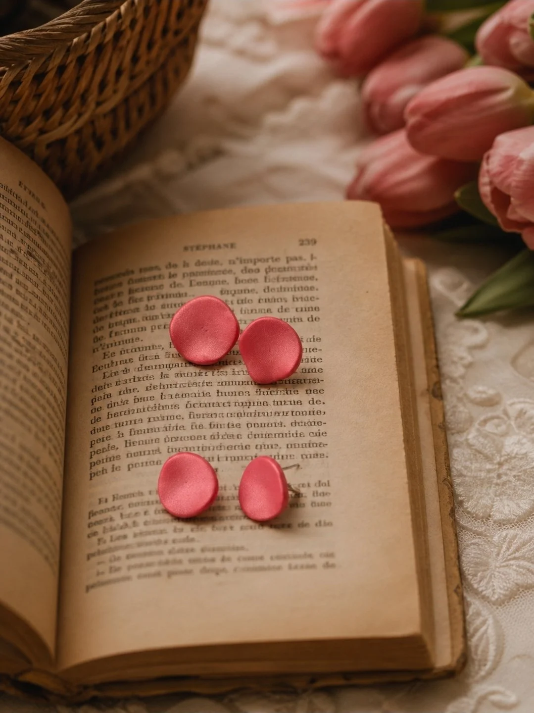 Pink petal polymer clay stud earrings on titanium post, handmade by Akay Collective, front view