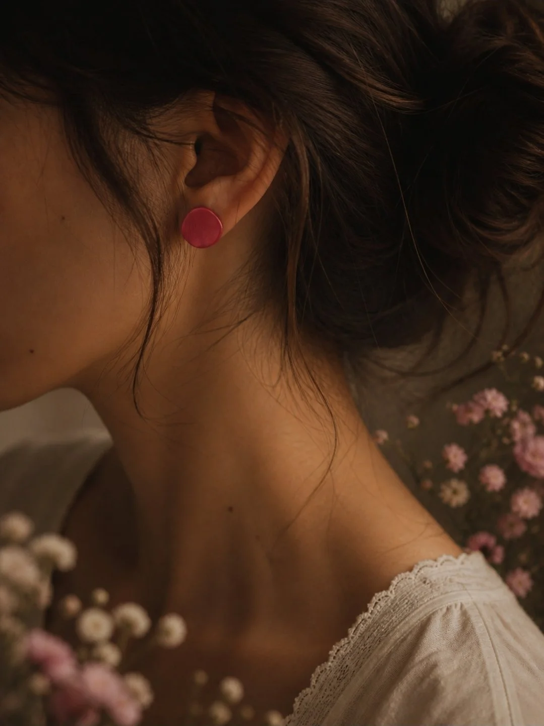 Dainty handmade pink blossom clay stud earrings, titanium post, lightweight everyday earrings by Akay Collective