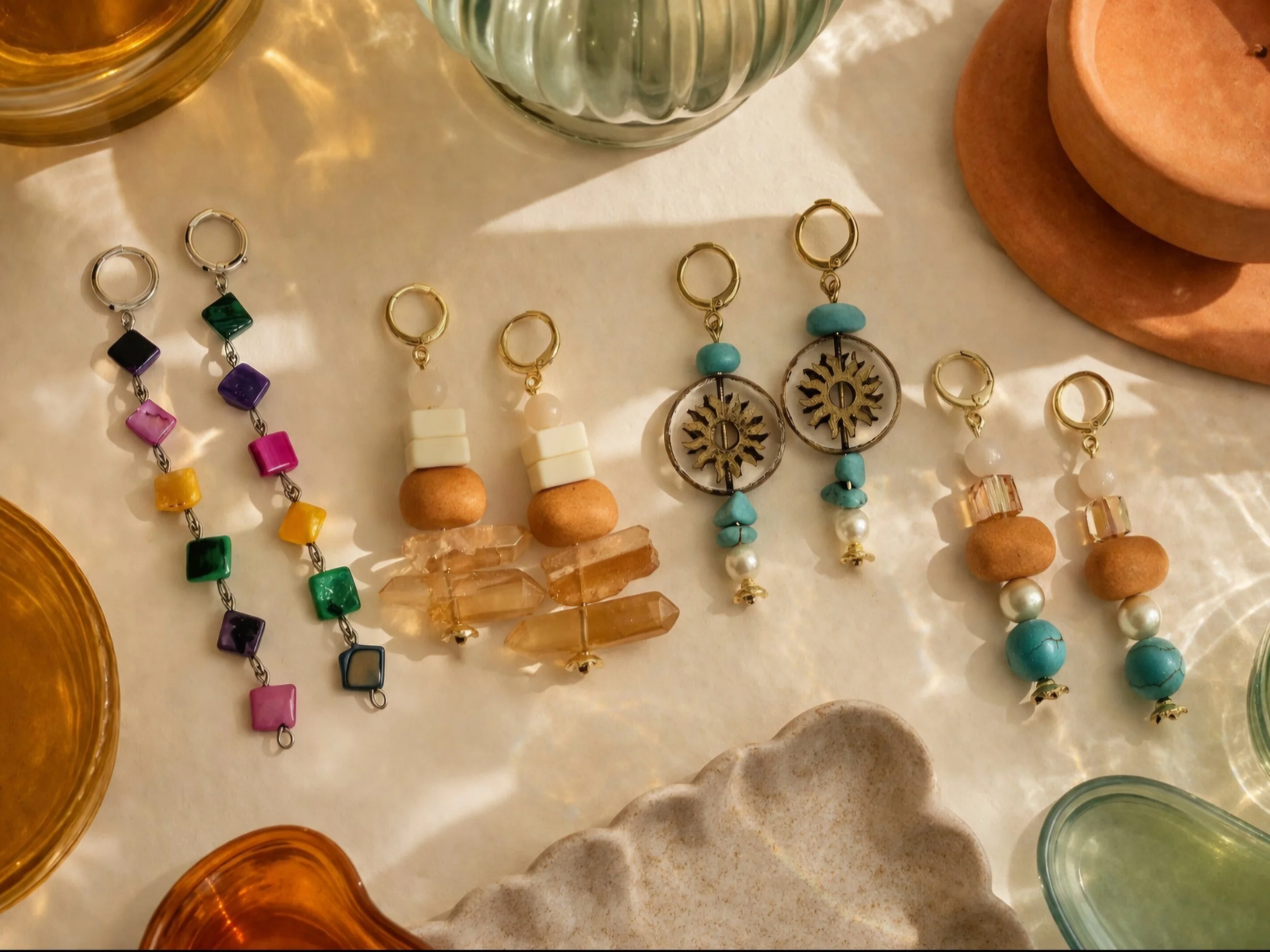 drop earrings with mixed champagne and turquoise stacked beads and pearl accent on gold huggie, handmade by Akay Collective