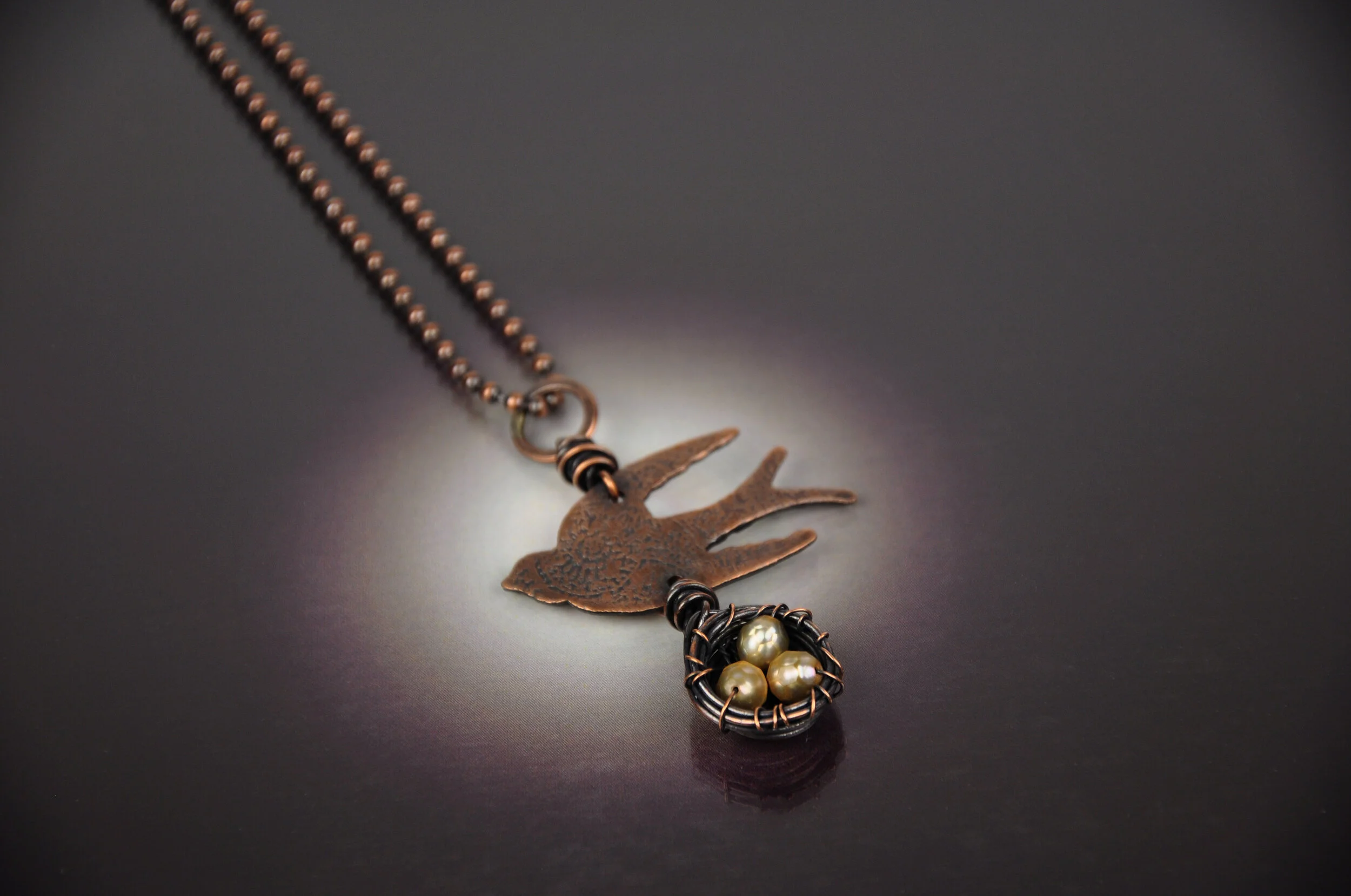 Etched Soaring Bird w/Hand Wrapped Nest &amp; Pearls