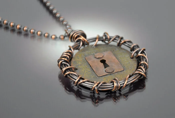 Coiled Keyhole Necklace - Etched Brass - Escutcheon