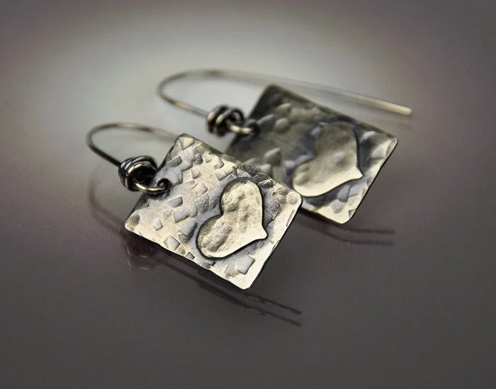 Rectangular Layered Heart - Sterling Earrings