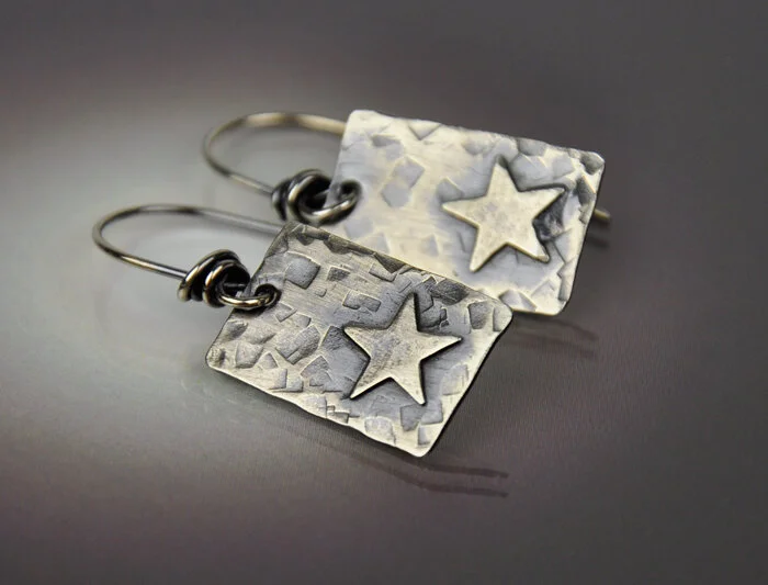 Rectangle Layered Little Star Earrings - Sterling