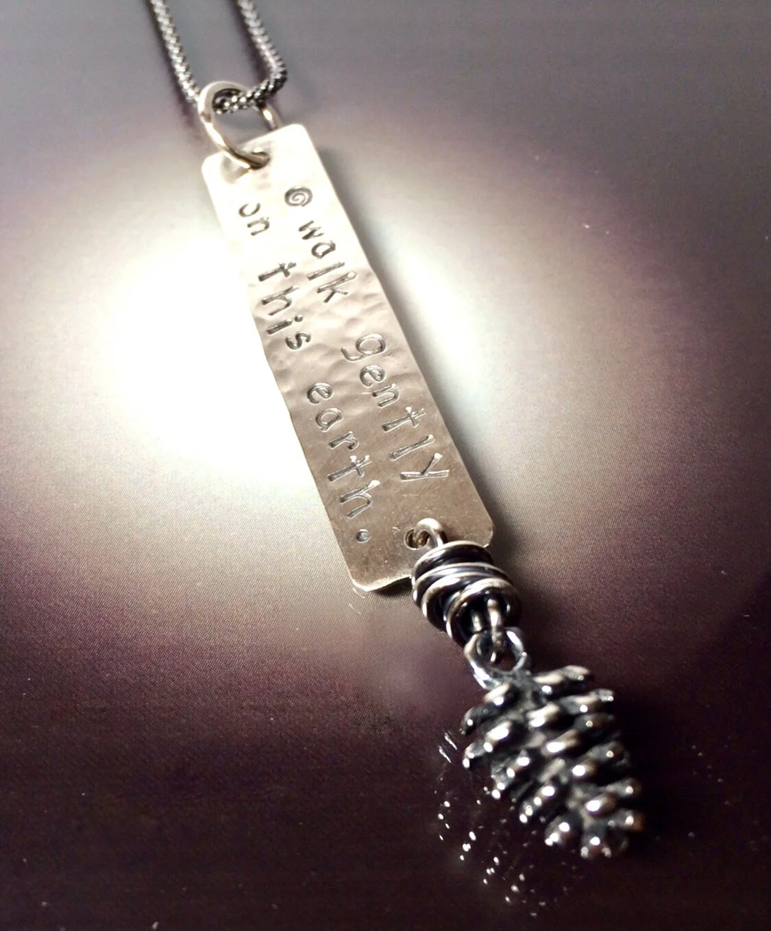 "WALK GENTLY" Necklace with Pine Cone - Sterling Silver