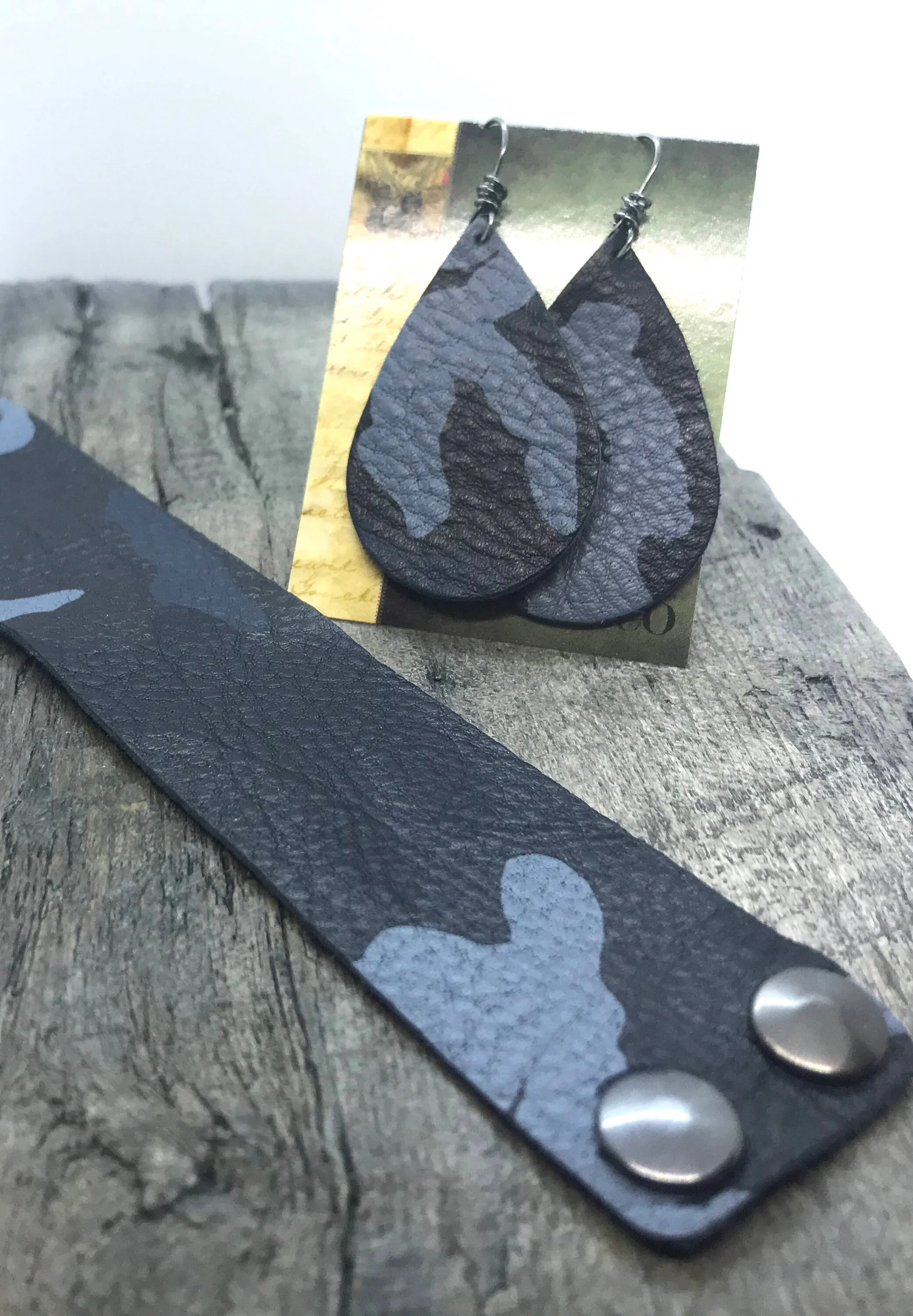 Blue CAMO Leather - Bracelet and Earrings