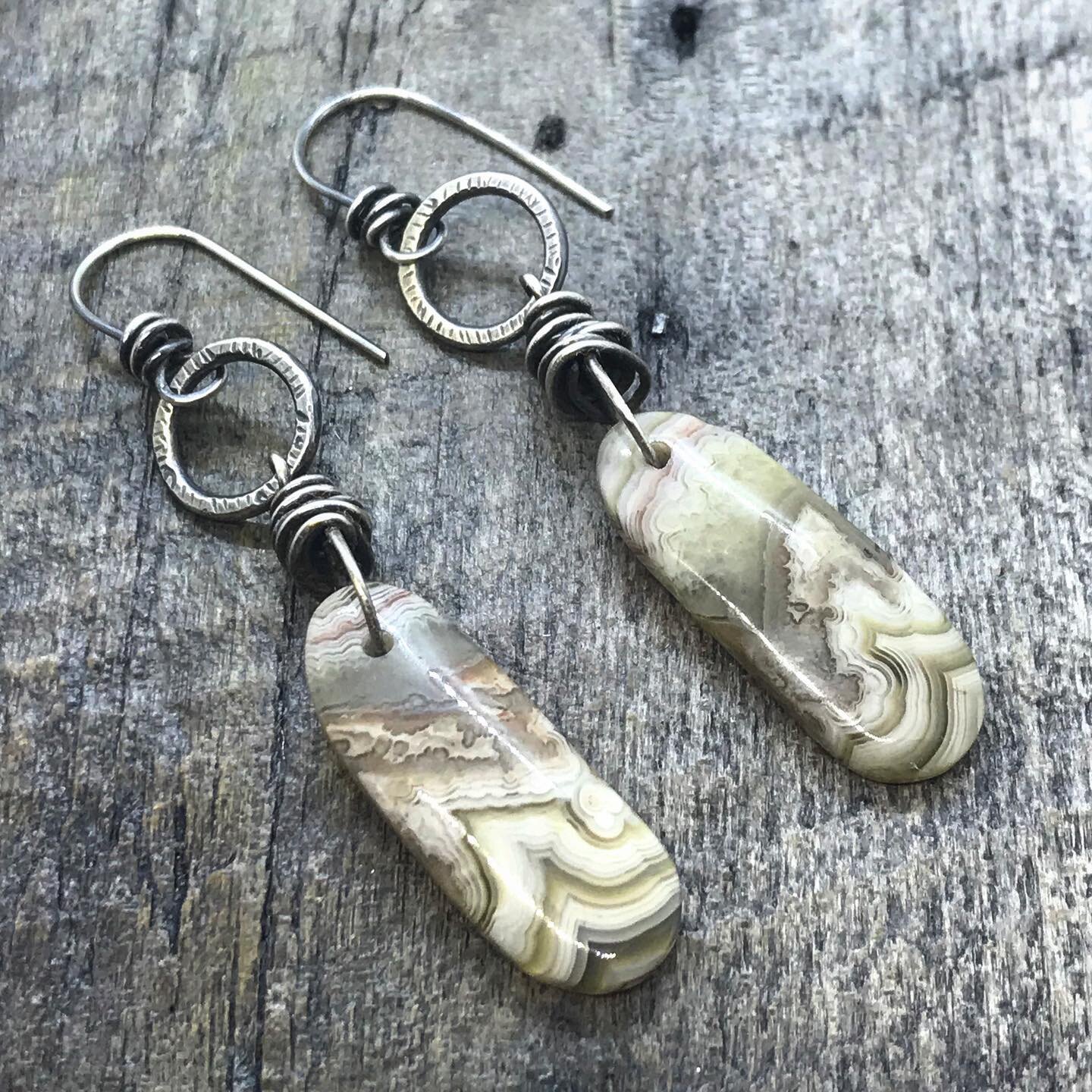 CB&amp;CO
.
Crazy lace agate and sterling silver handmade earrings. 
$62