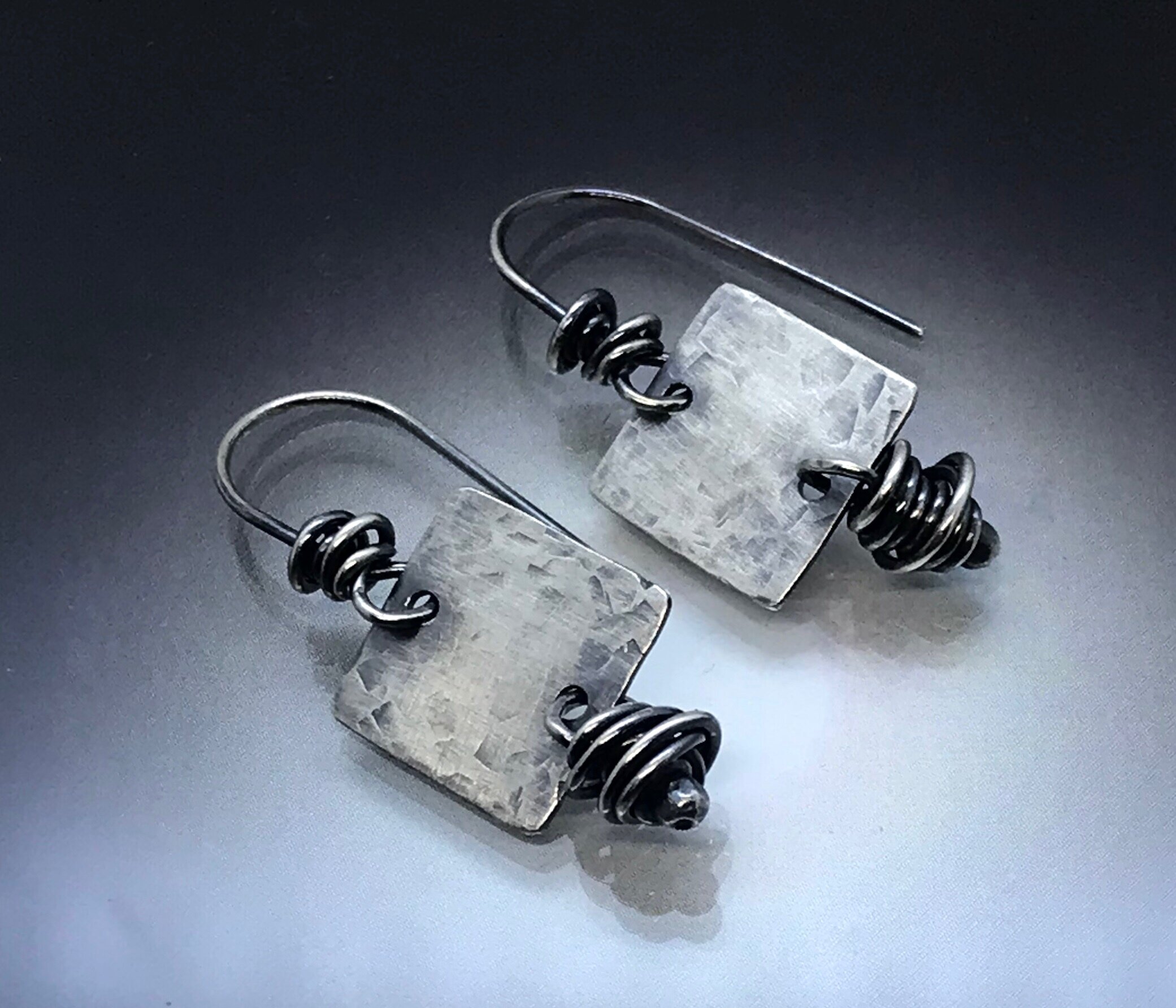 Square Drop Sterling Silver Earrings - Textured - Handmade