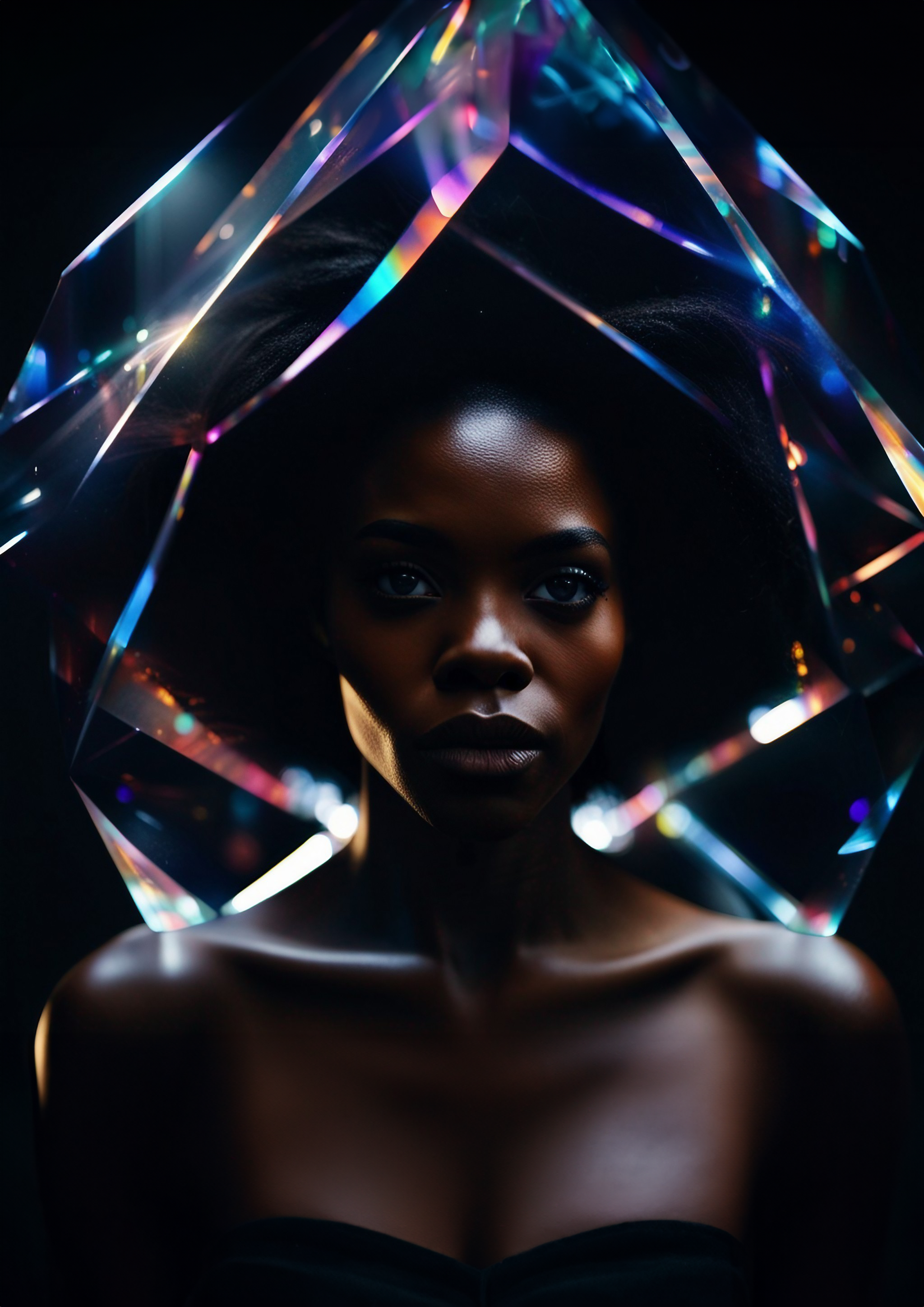 futuristic pretty African American woman made out of a prism crystal in surrounded around a black vo.png