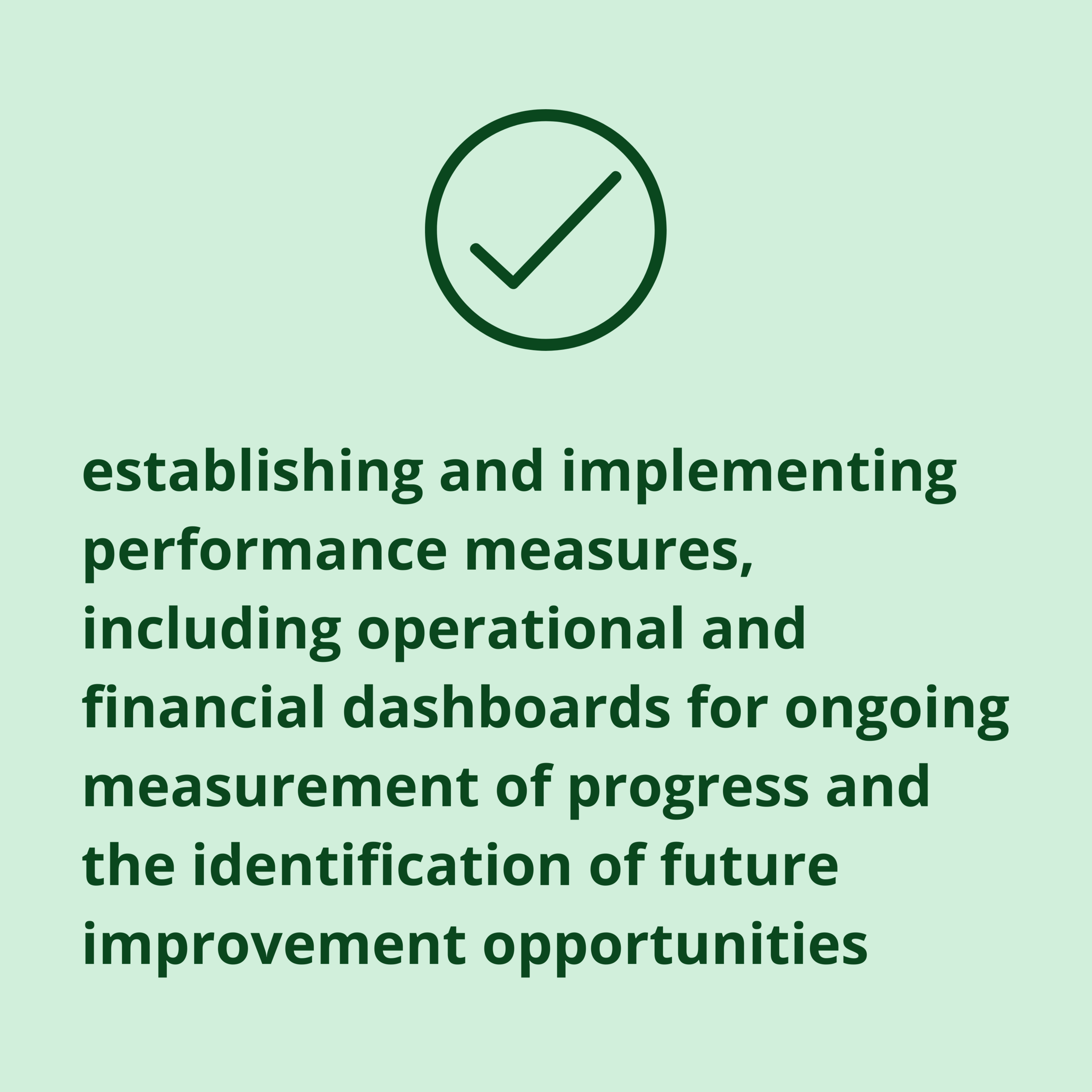 Establishing and implementing performance measures, including operational and financial dashboards for ongoing measurement of progress and the identification of future improvement opportunities