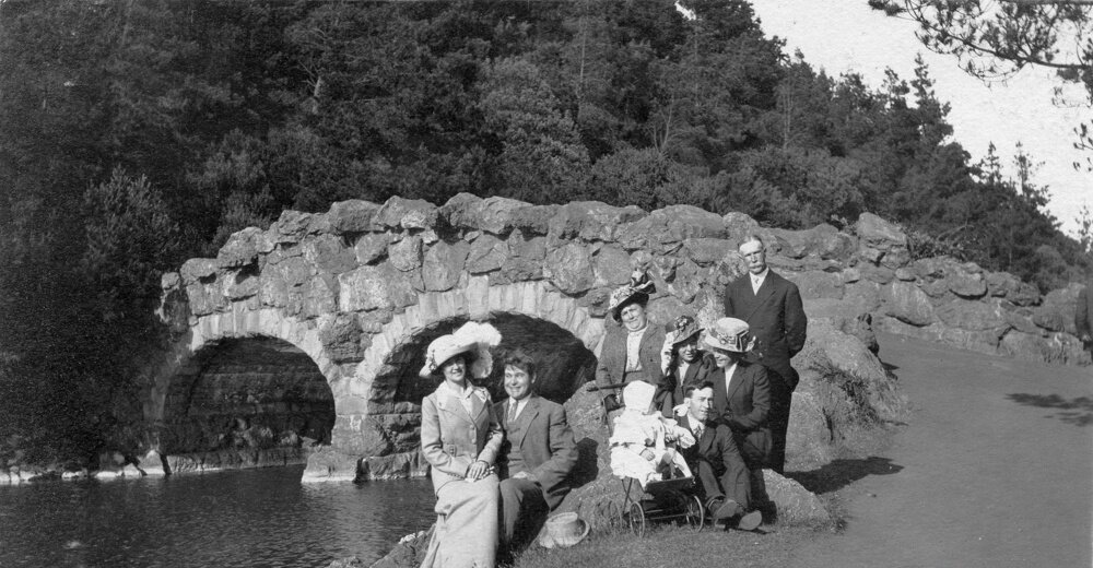 Stow Lake, 1913 |  Golden Gate Park, family posing near Rustic Bridge