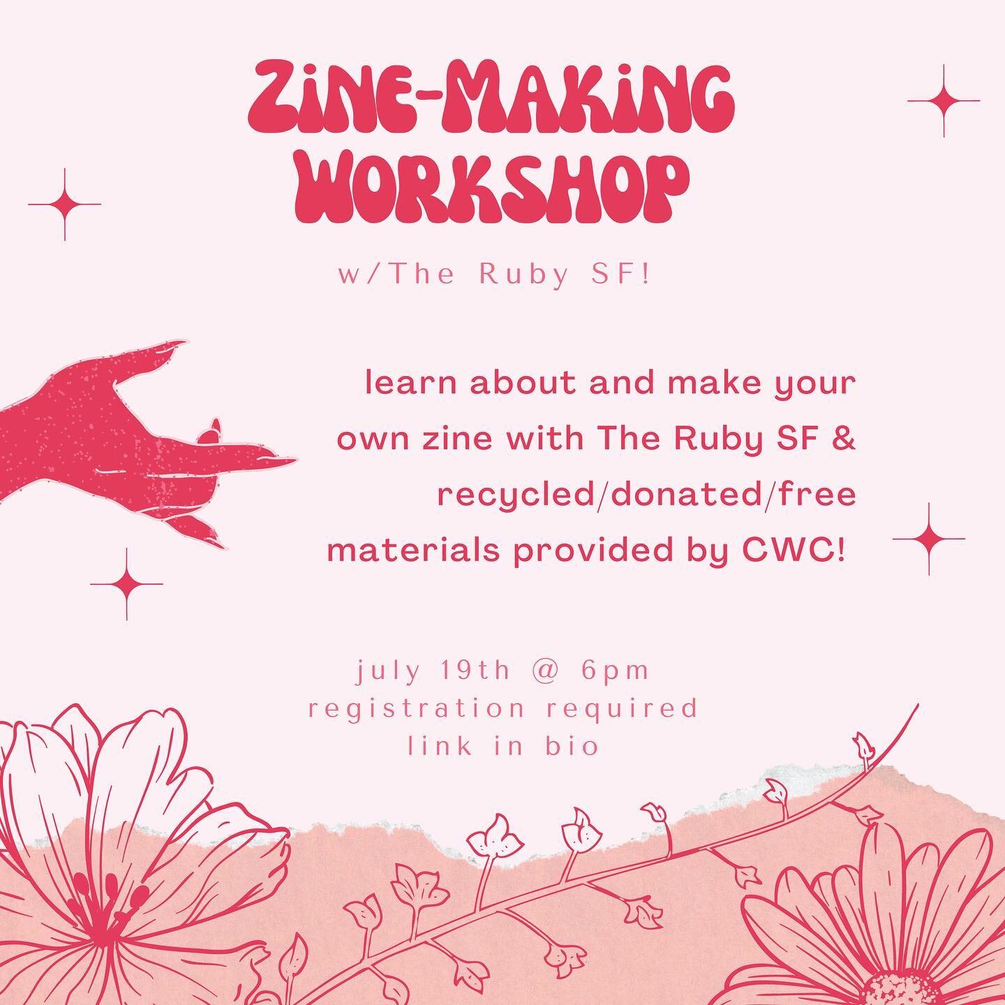 San Francisco&mdash; FREE workshop with @therubysf on July 19th @ 6pm&mdash; come learn about and create your own little zine! 

Limited space; registration info is in our bio. This workshop is conducted using leftover materials from CWC&rsquo;s past