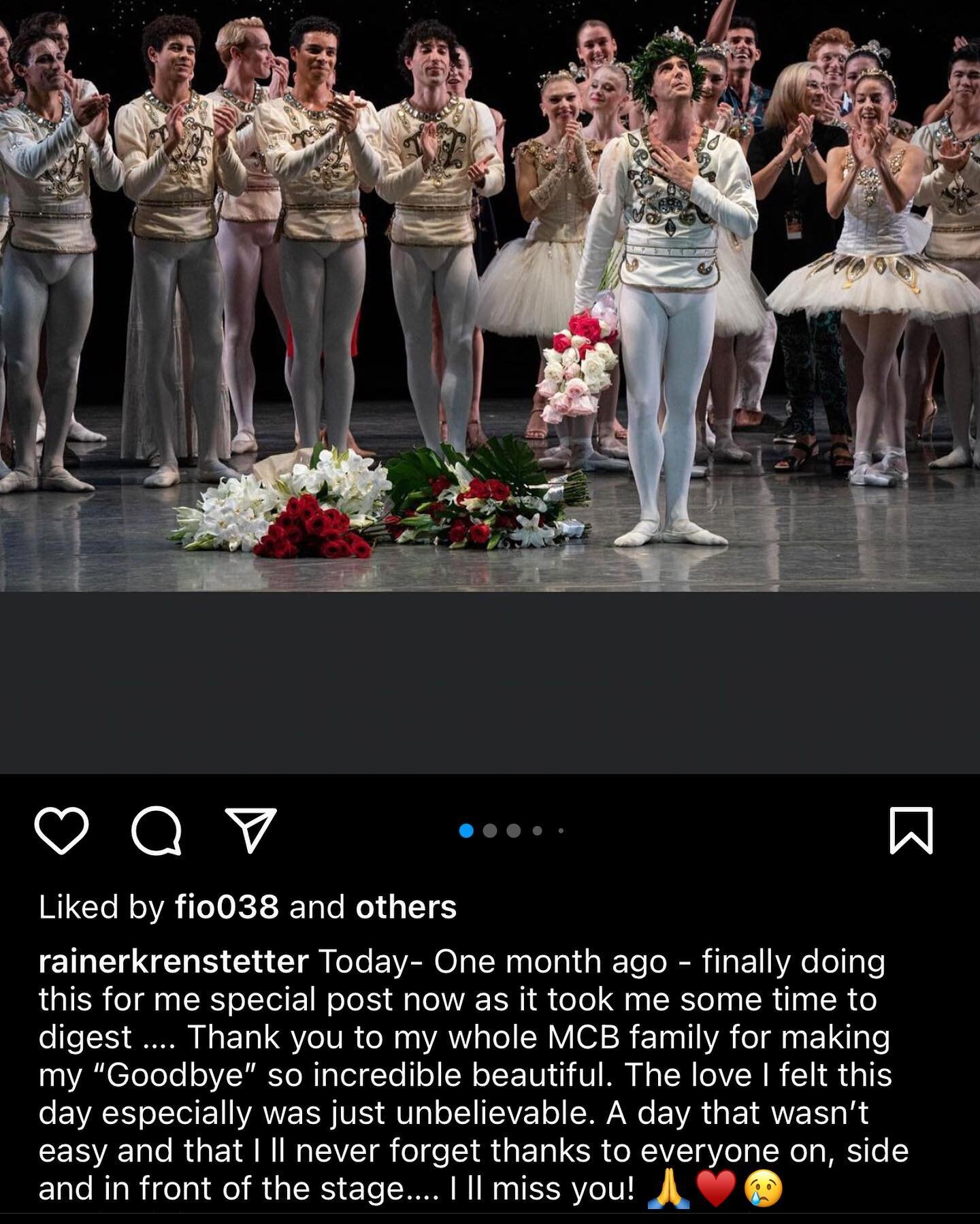 Today - One month ago, @rainerkrenstetter gave his farewell performance as a Principal Dancer at the Miami City Ballet, a significant moment in a prolific career that went from winning first place at the Prix de Lausanne in 1999, joining Vienna State
