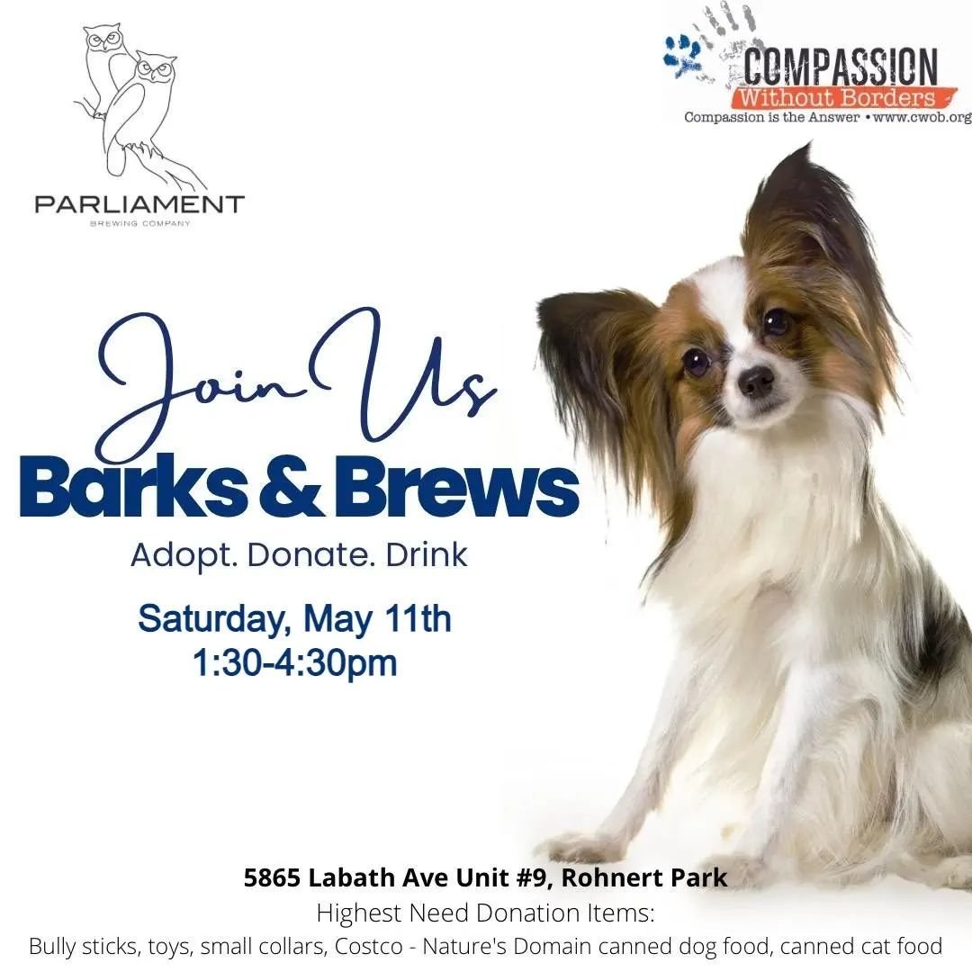 Unfortunately, we had to postpone this event until saturday, may 11th with a new starting time. see details below.

once again we welcome back @compassionwithoutborders for another barks &amp; brews event on saturday, may 11th. 

the turnout in each 