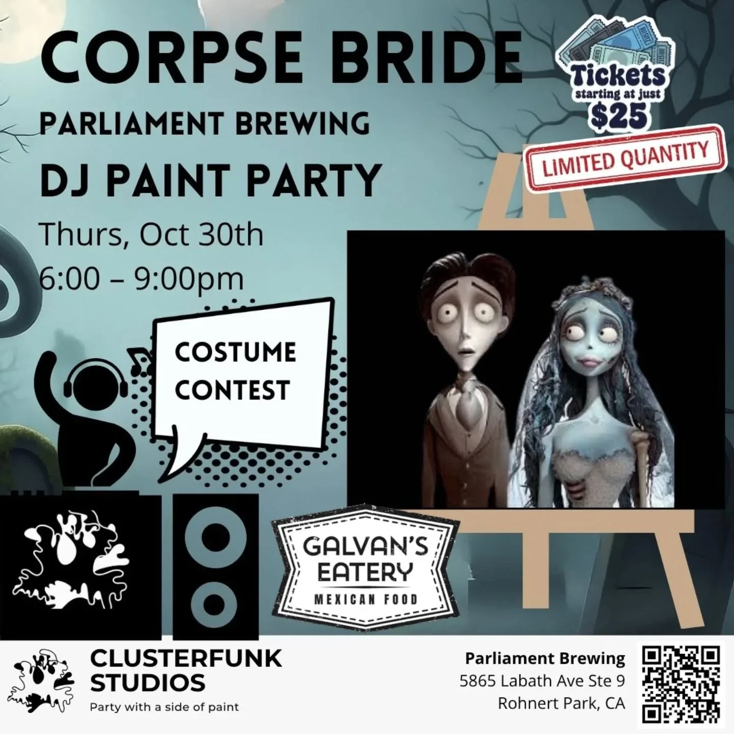 corpse bride paint night with @clustr.funk announcement

join us&nbsp;thursday, october 30th&nbsp;from 6-9pm&nbsp;
spooky season is coming to an end but not before we have our annual halloween paint night. victor and his corpse bride, emily, are perf