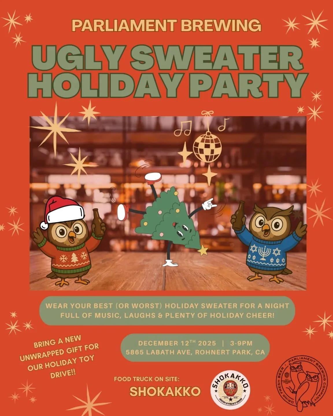 🎄✨ ugly sweater party announcement! ✨🎄

friday, december 12th come party with us in your best (or worst) holiday sweaters! 💃🕺 pull out your gaudiest, glitziest, most ridiculous garments and celebrate the season with great food, fresh beer, and pl